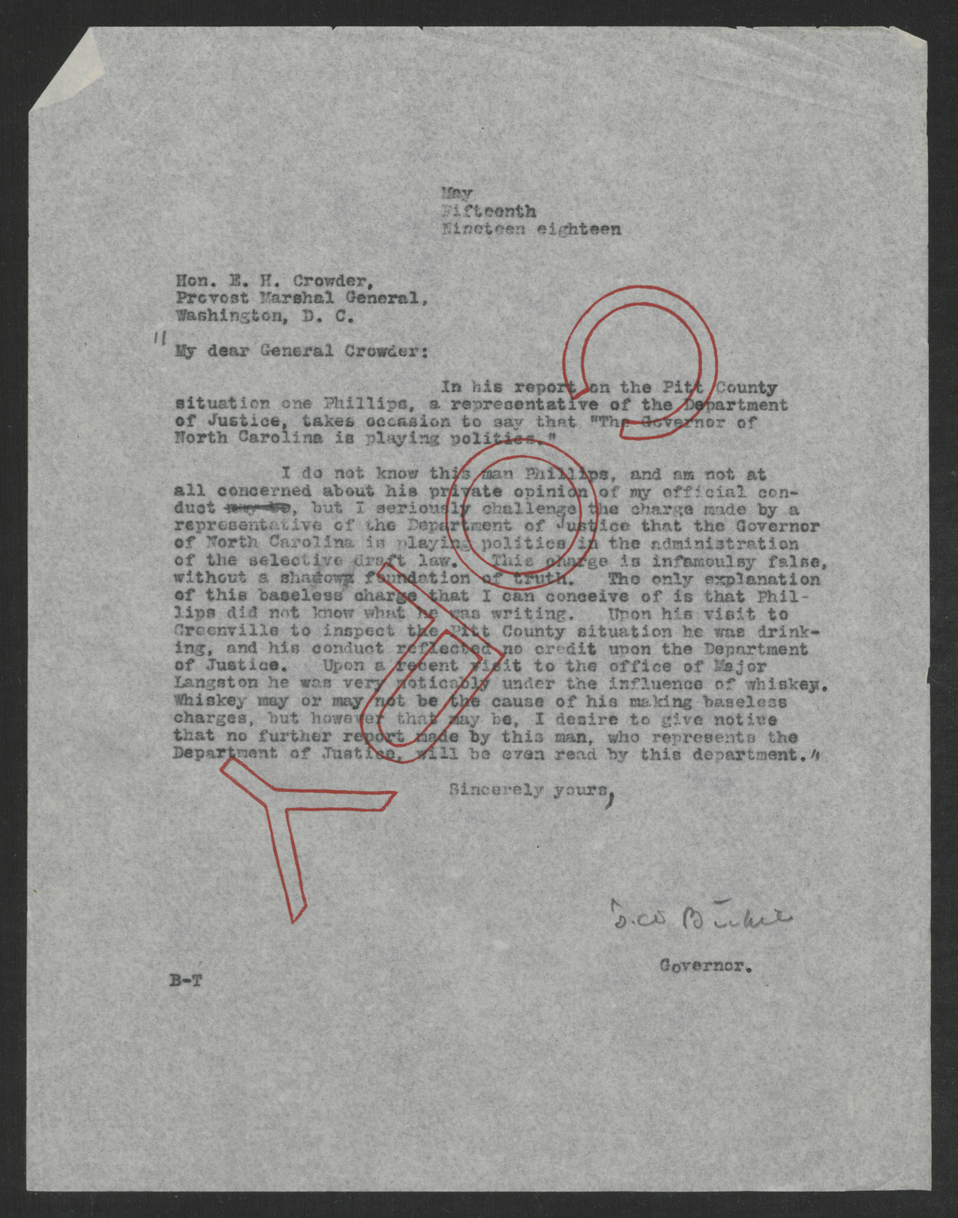 Letter from Thomas W. Bickett to Enoch H. Crowder, May 15, 1918