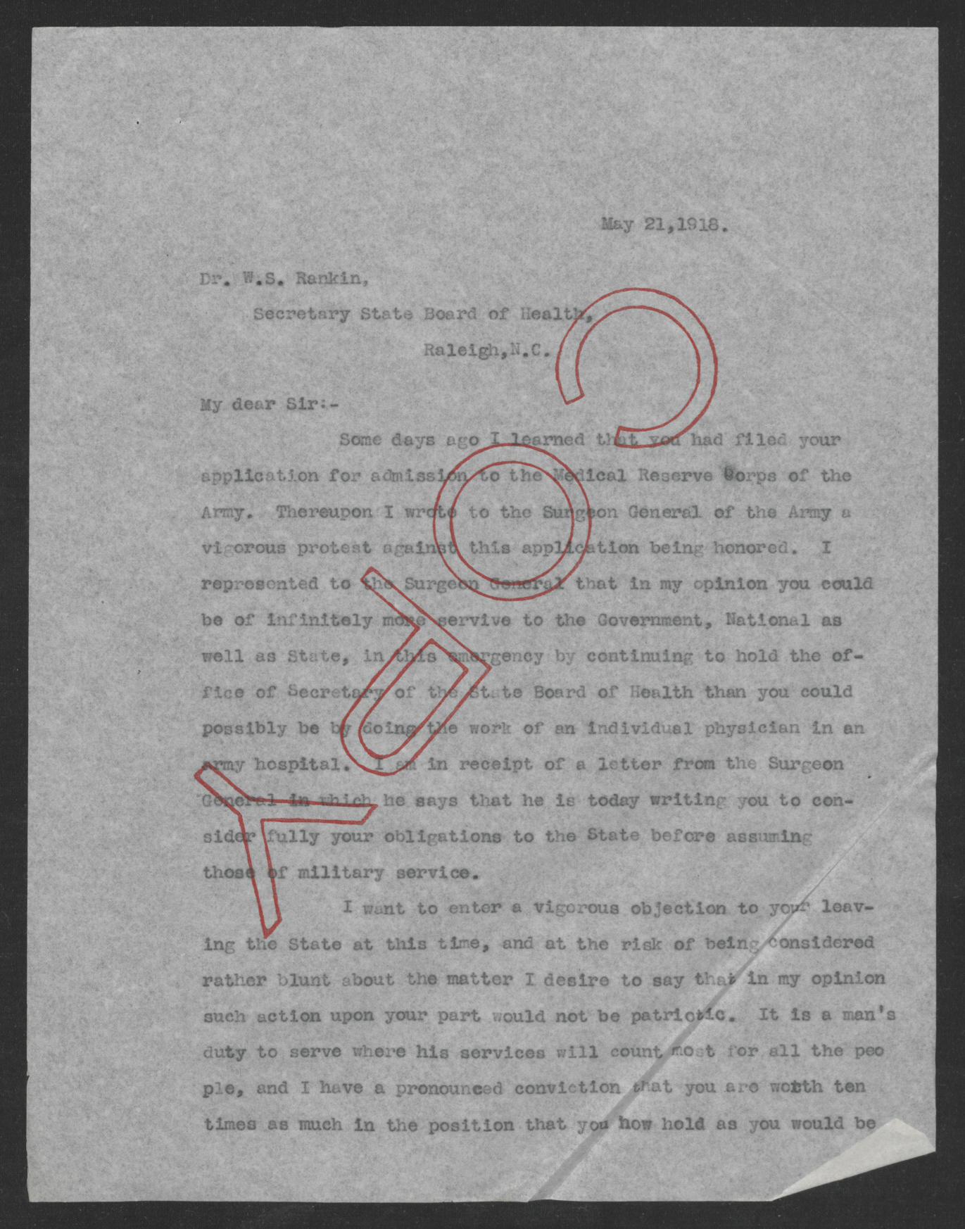 Letter from Thomas W. Bickett to Watson S. Rankin, May 21, 1918, page 1