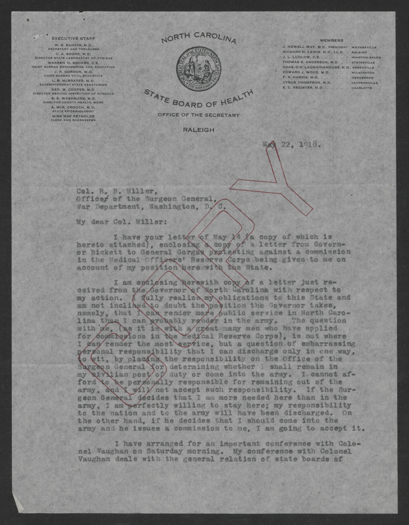 Letter from Watson S. Rankin to Reuben B. Miller, May 22, 1918, page 1