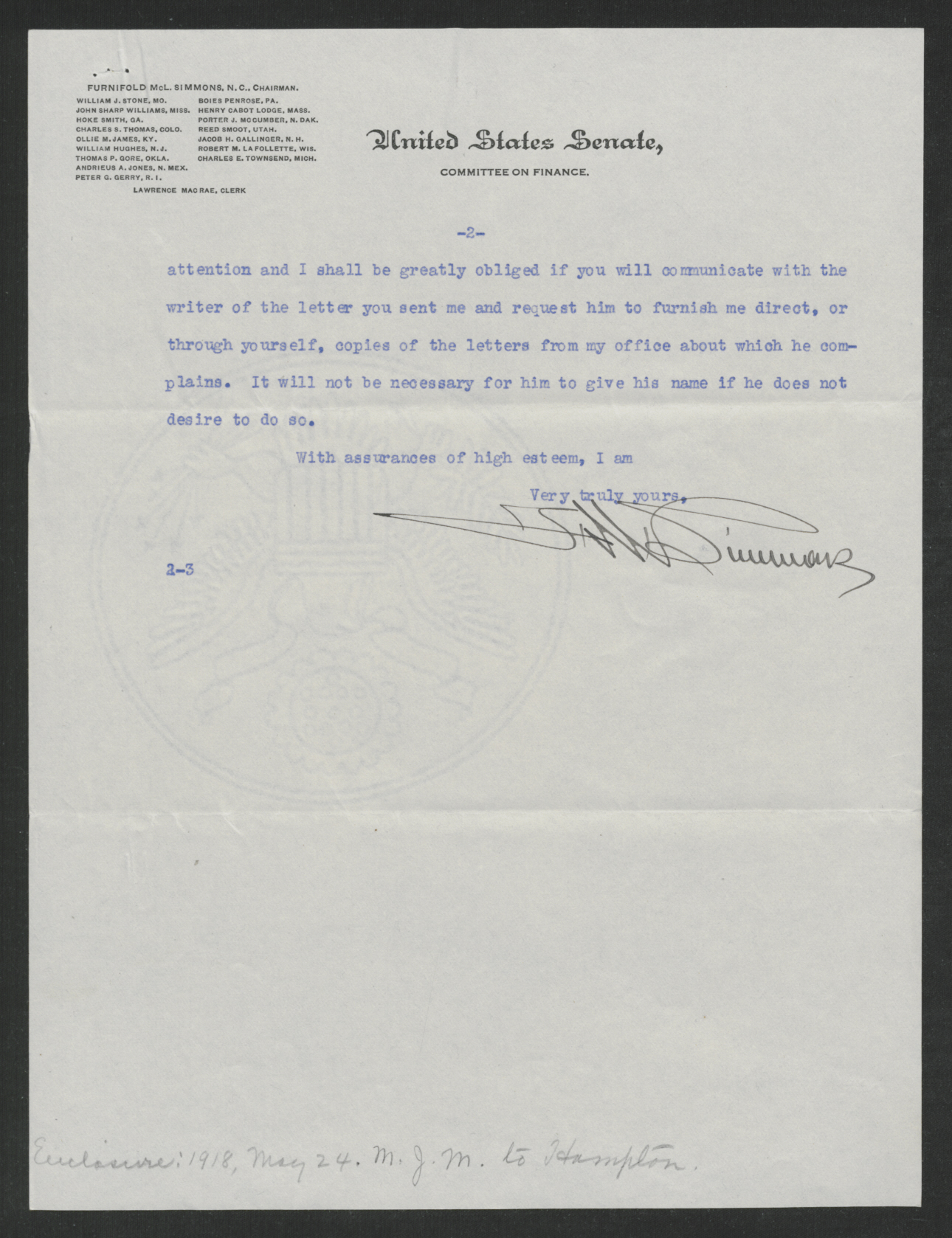 Letter from Furnifold M. Simmons to Thomas W. Bickett, May 25, 1918, page 2