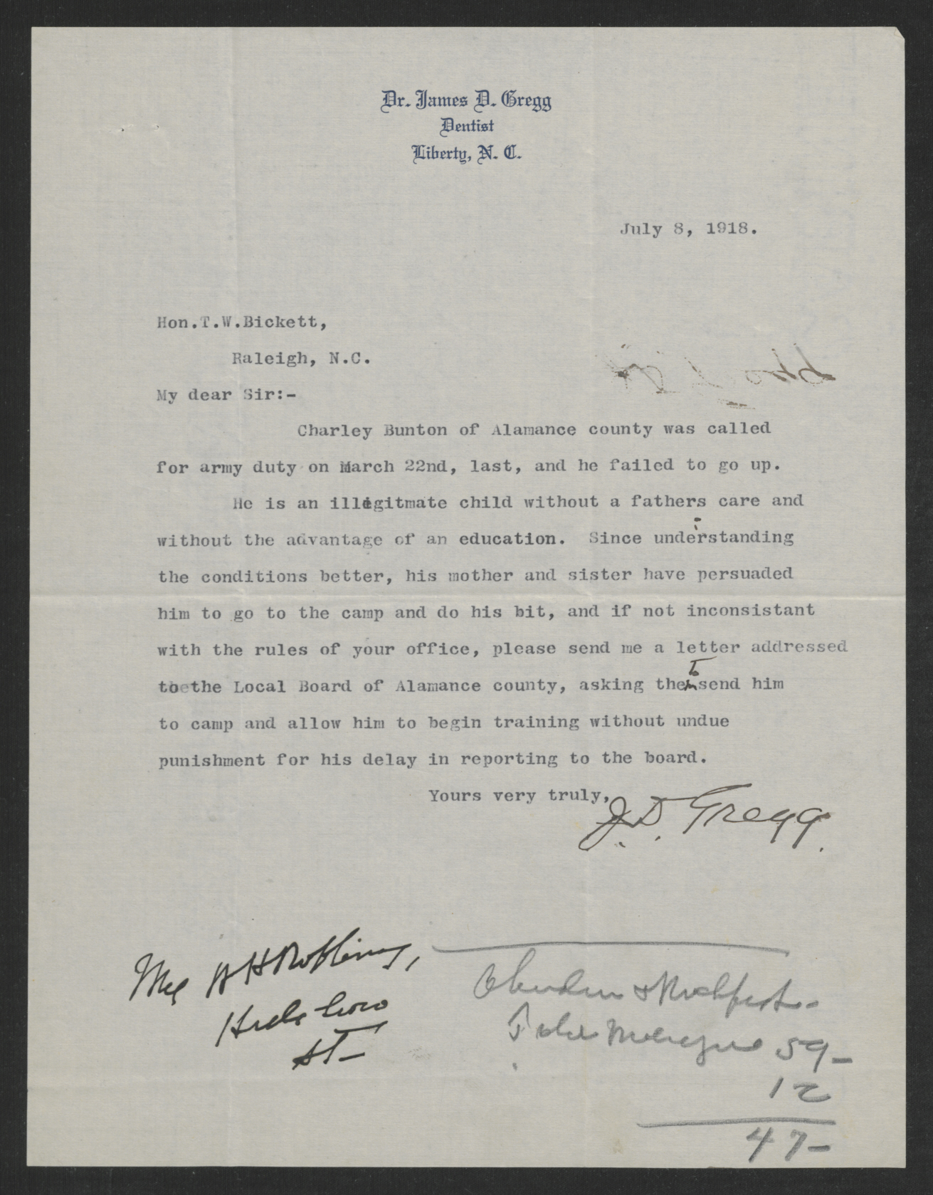 Letter from James D. Gregg to Thomas W. Bickett, July 8, 1918