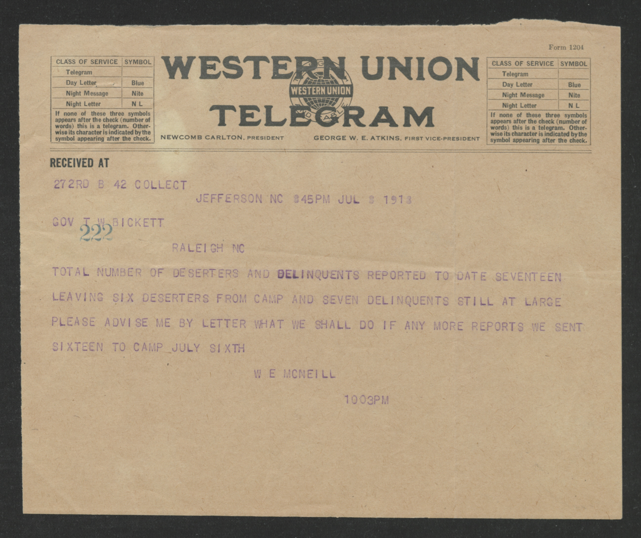 Telegram from Wiley E. McNeill to Thomas W. Bickett, July 8, 1918