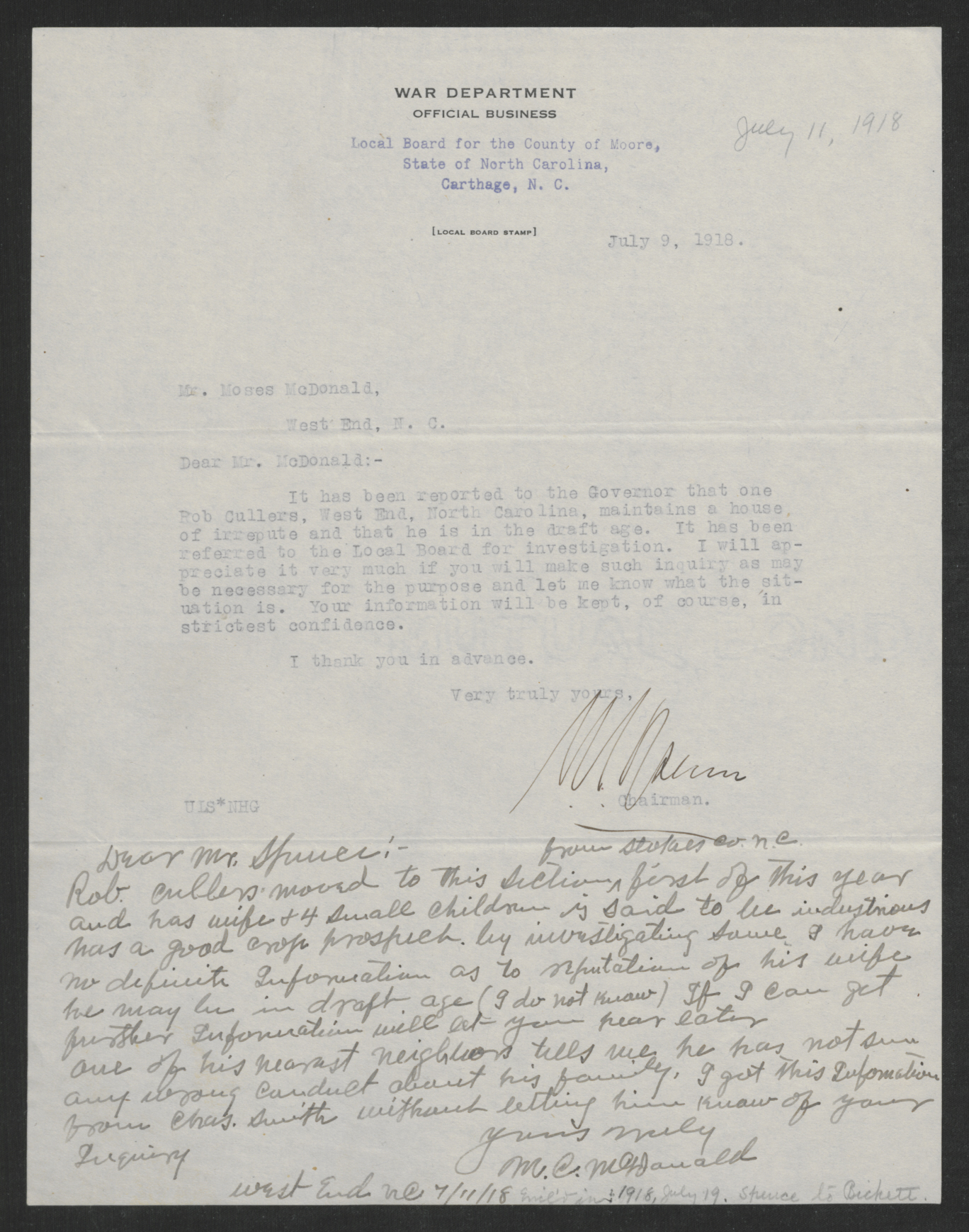 Correspondence between Union L. Spence to Moses C. McDonald, July 9-11, 1918