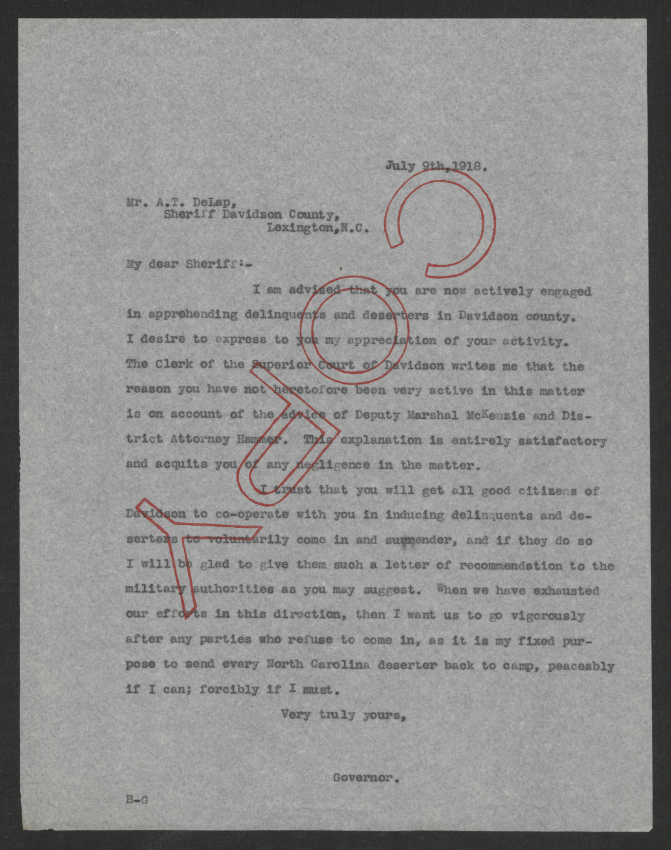 Letter from Thomas W. Bickett to Alexander T. Delap, July 9, 1918