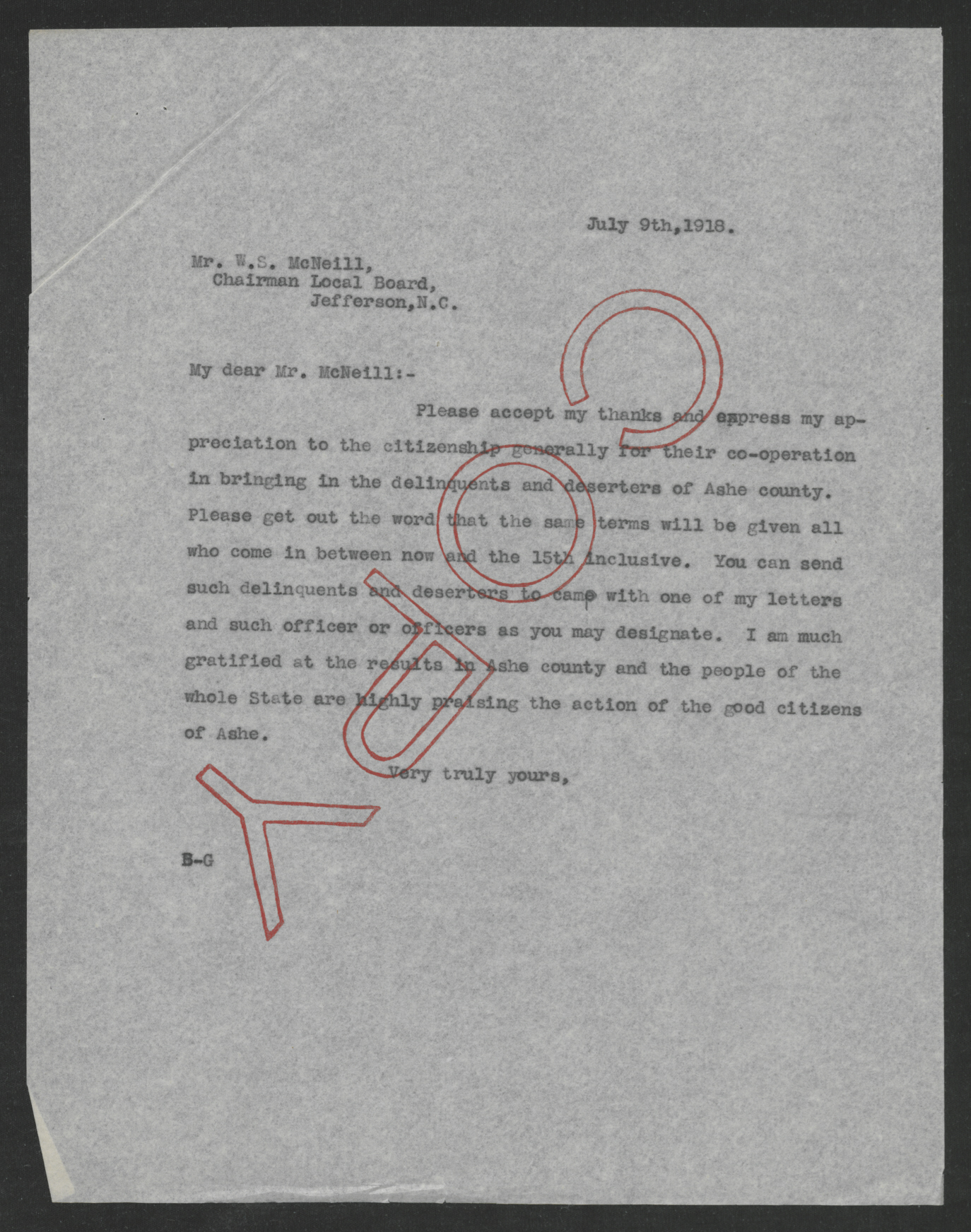 Letter from Thomas W. Bickett to Wiley E. McNeill, July 9, 1918