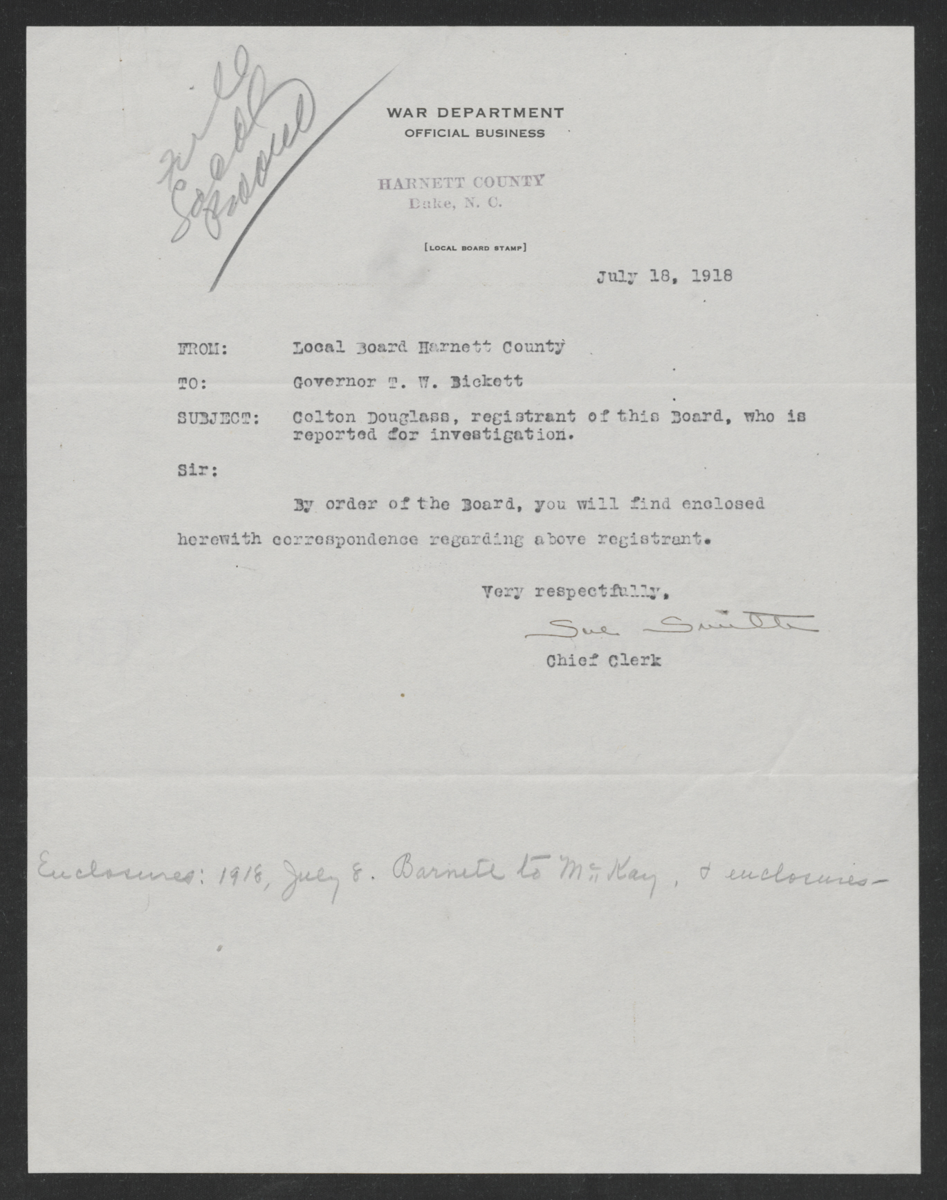 Letter from the Harnett County Exemption Board to Thomas W. Bickett, July 18, 1918