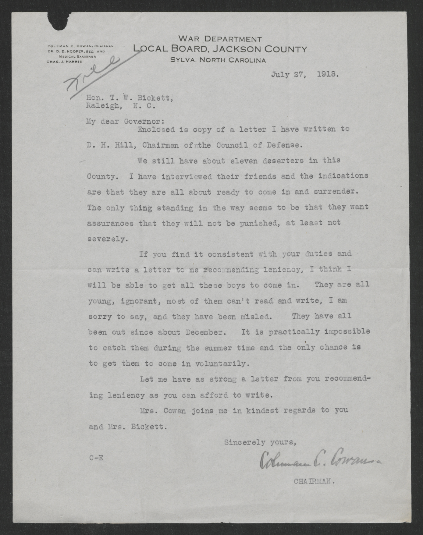 Letter from Coleman C. Cowan to Thomas W. Bickett, July 27, 1918