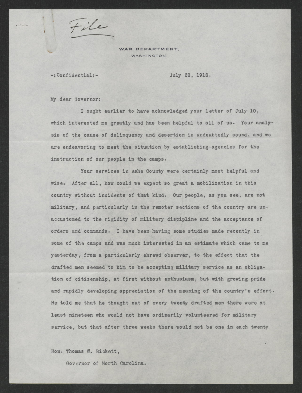 Letter from Newton D. Baker to Thomas W. Bickett, July 28, 1918, page 1