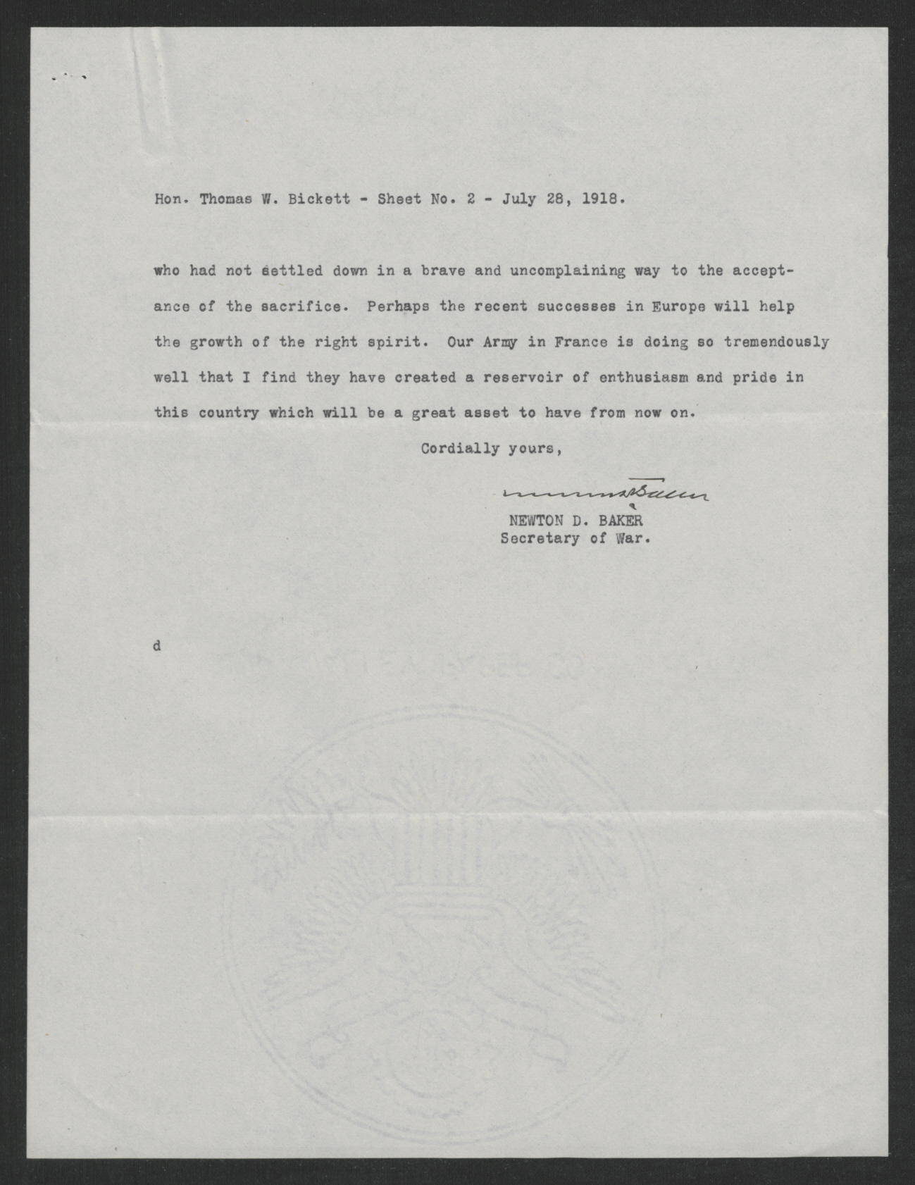 Letter from Newton D. Baker to Thomas W. Bickett, July 28, 1918, page 2