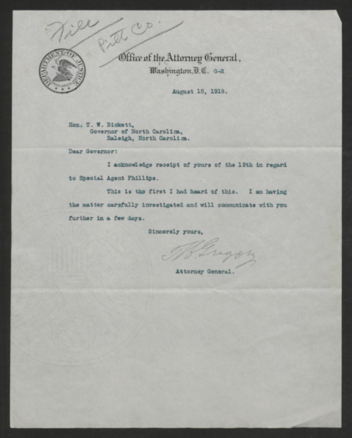 Letter from Thomas W. Gregory to Thomas W. Bickett, August 15, 1918