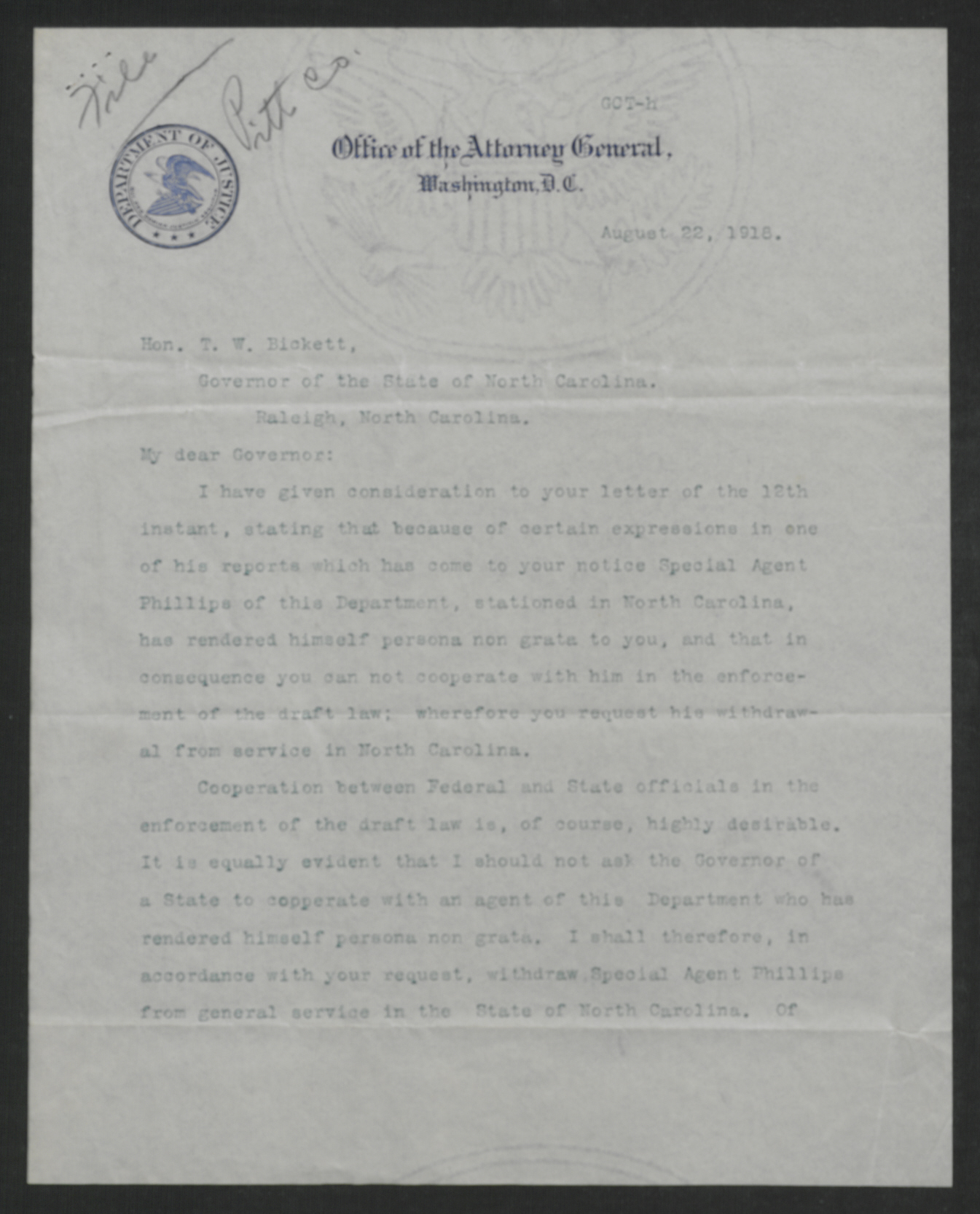 Letter from Thomas W. Gregory to Thomas W. Bickett, August 22, 1918, page 1