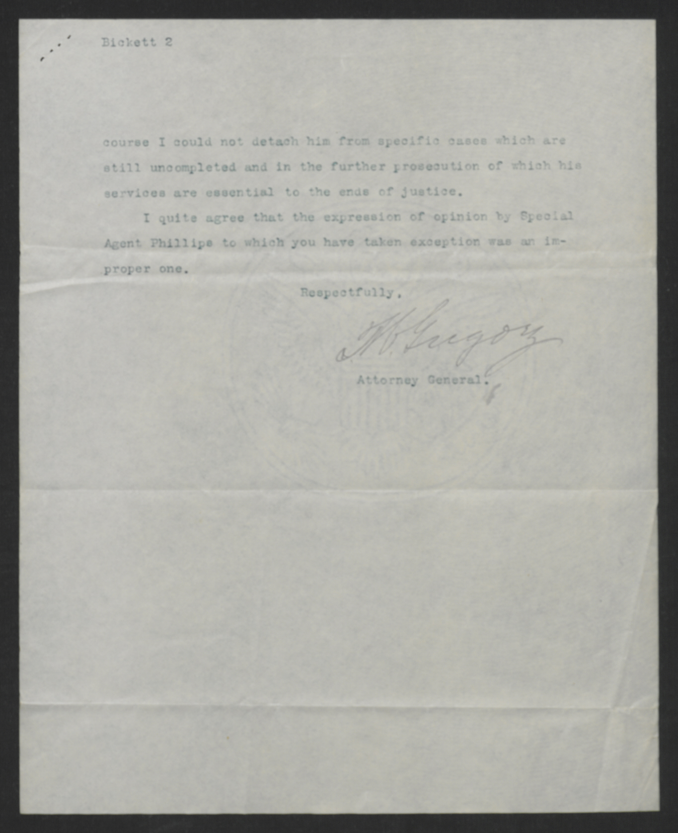 Letter from Thomas W. Gregory to Thomas W. Bickett, August 22, 1918, page 2