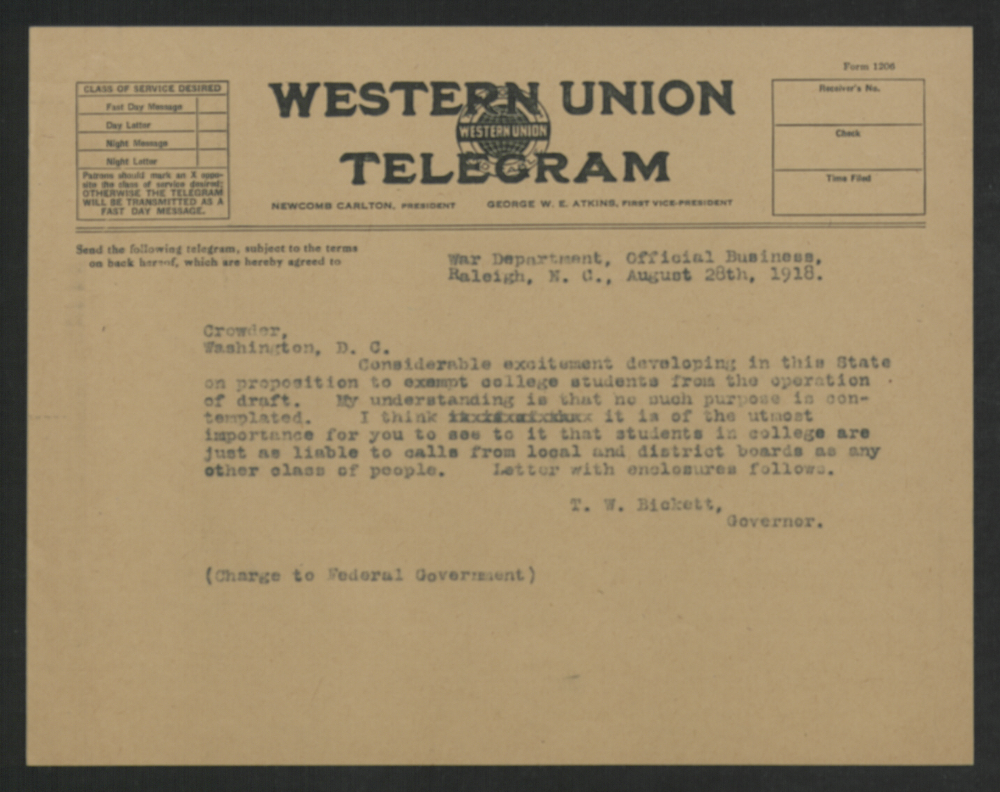 Telegram from Thomas W. Bickett to Enoch H. Crowder, August 28, 1918