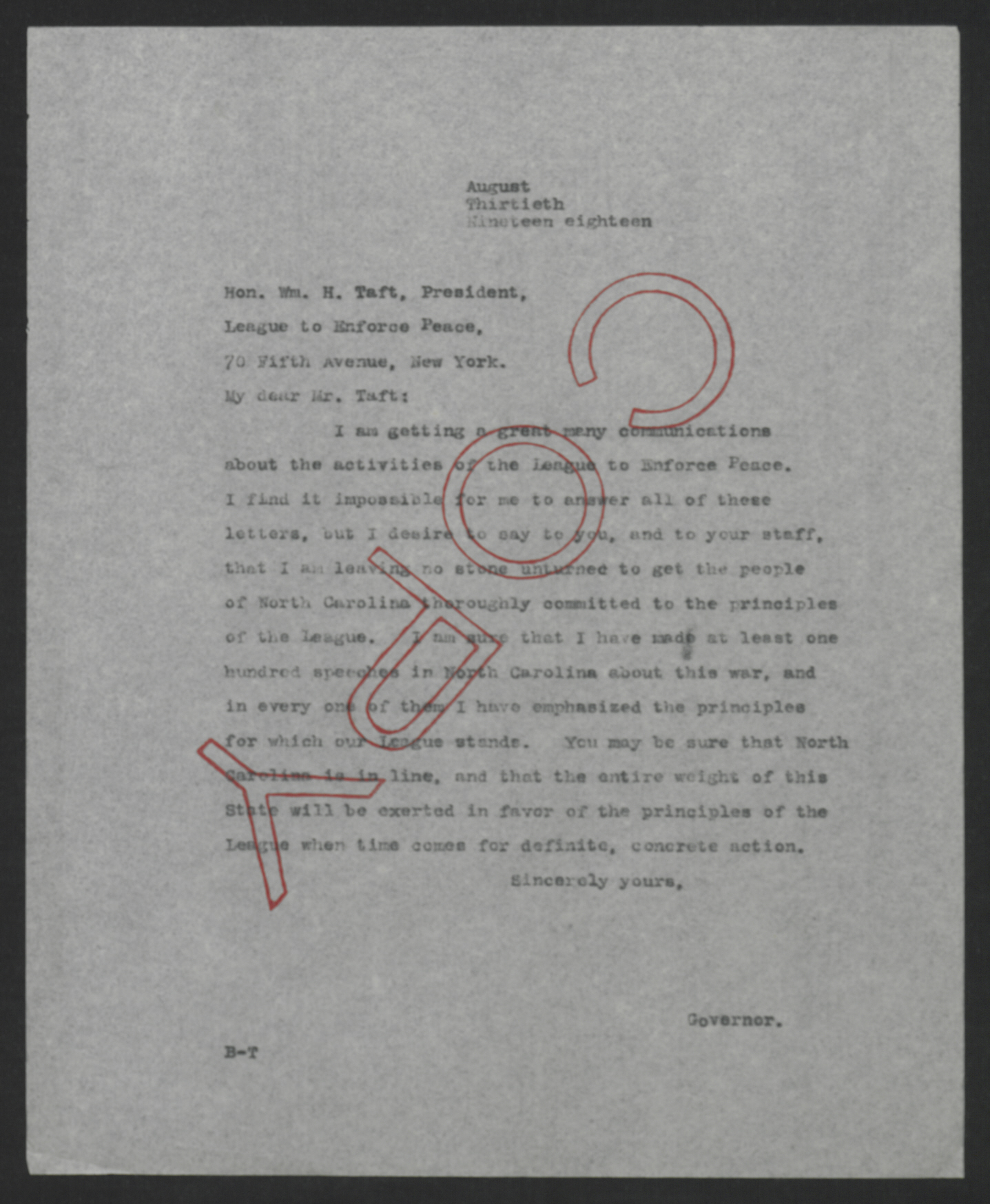 Letter from Thomas W. Bickett to William H. Taft, August 30, 1918