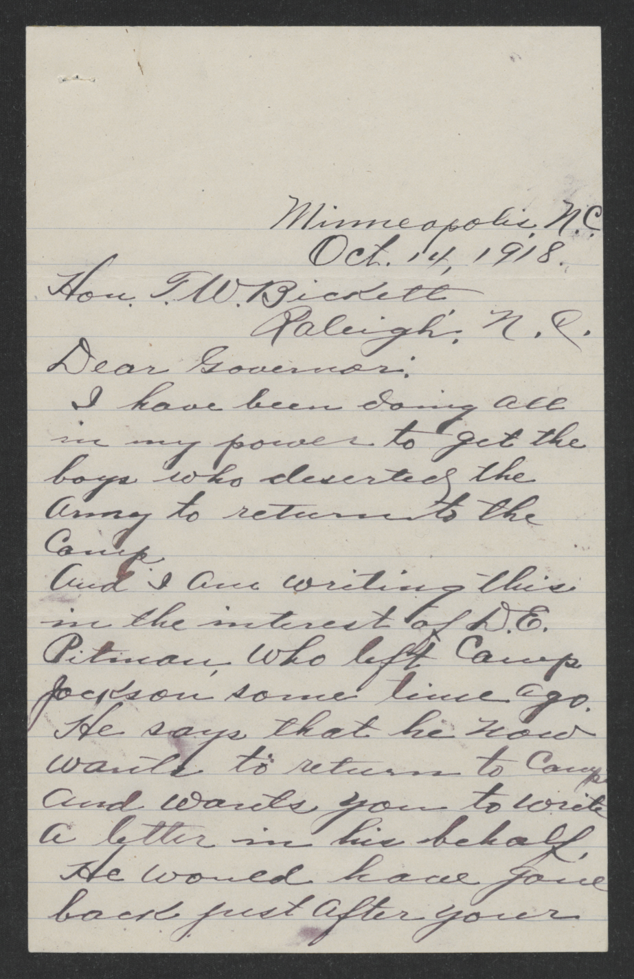 Letter from John D. Braswell to Thomas W. Bickett, October 14, 1918, page 1