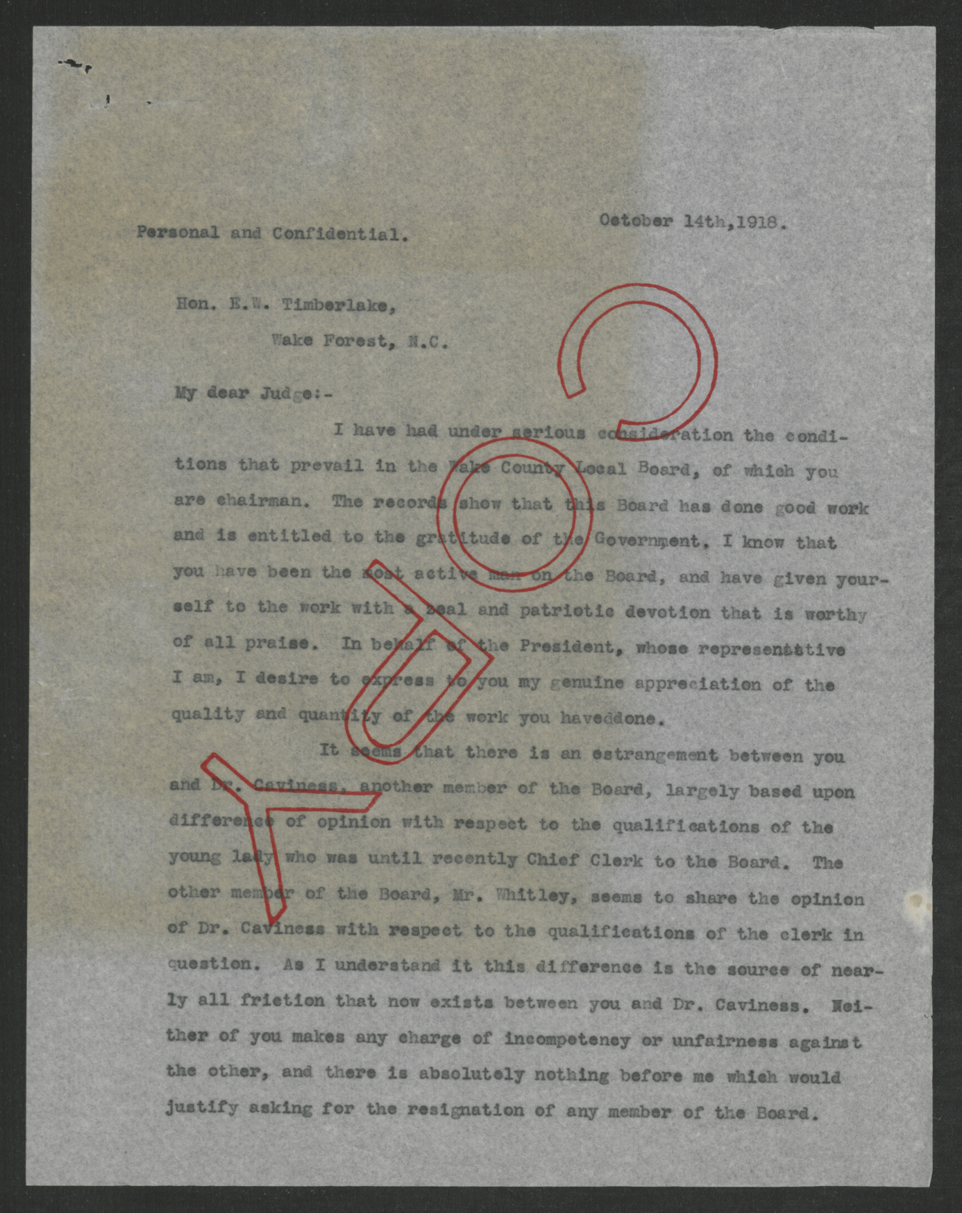 Letter from Thomas W. Bickett to Edgar W. Timberlake, October 14, 1918, page 1