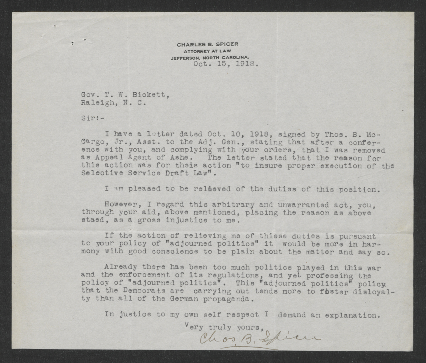 Letter from Charles B. Spicer to Thomas W. Bickett, October 15, 1918