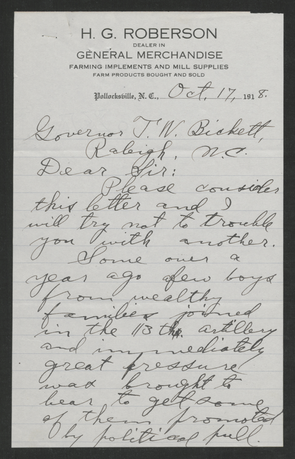 Letter from Hoyt G. Roberson to Thomas W. Bickett, October 17, 1918, page 1