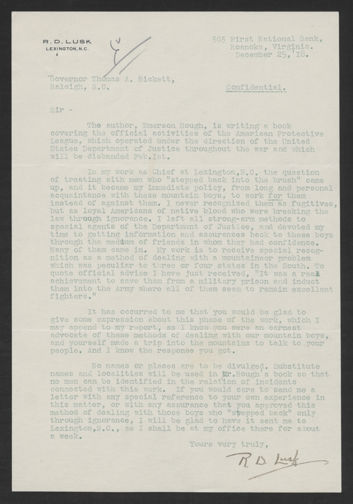 Letter from Ralph D. Lusk to Thomas W. Bickett, December 25, 1918