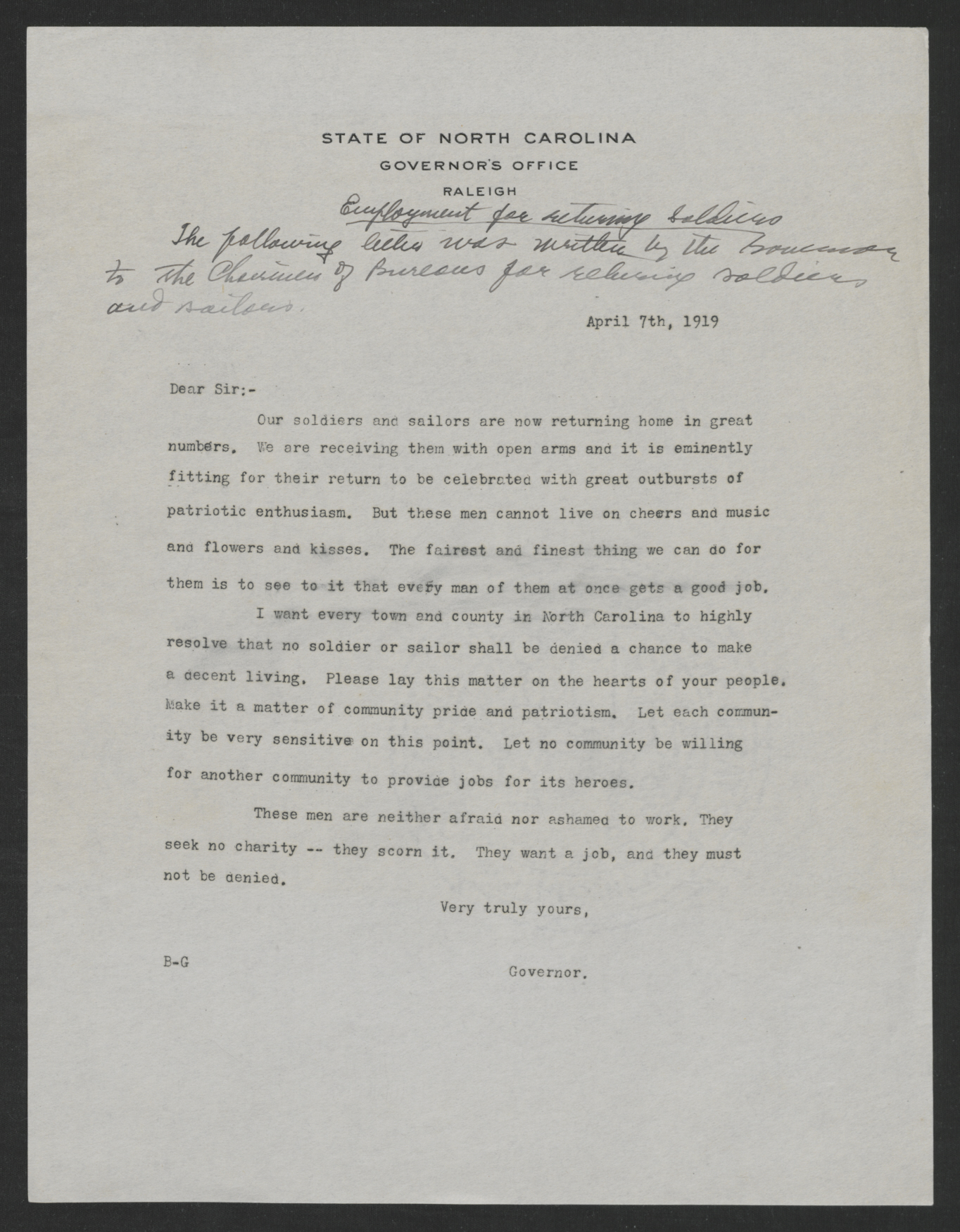 Letter from Thomas W. Bickett to the Chairmen of Bureaus for Returning Soldiers and Sailors, April 7, 1919