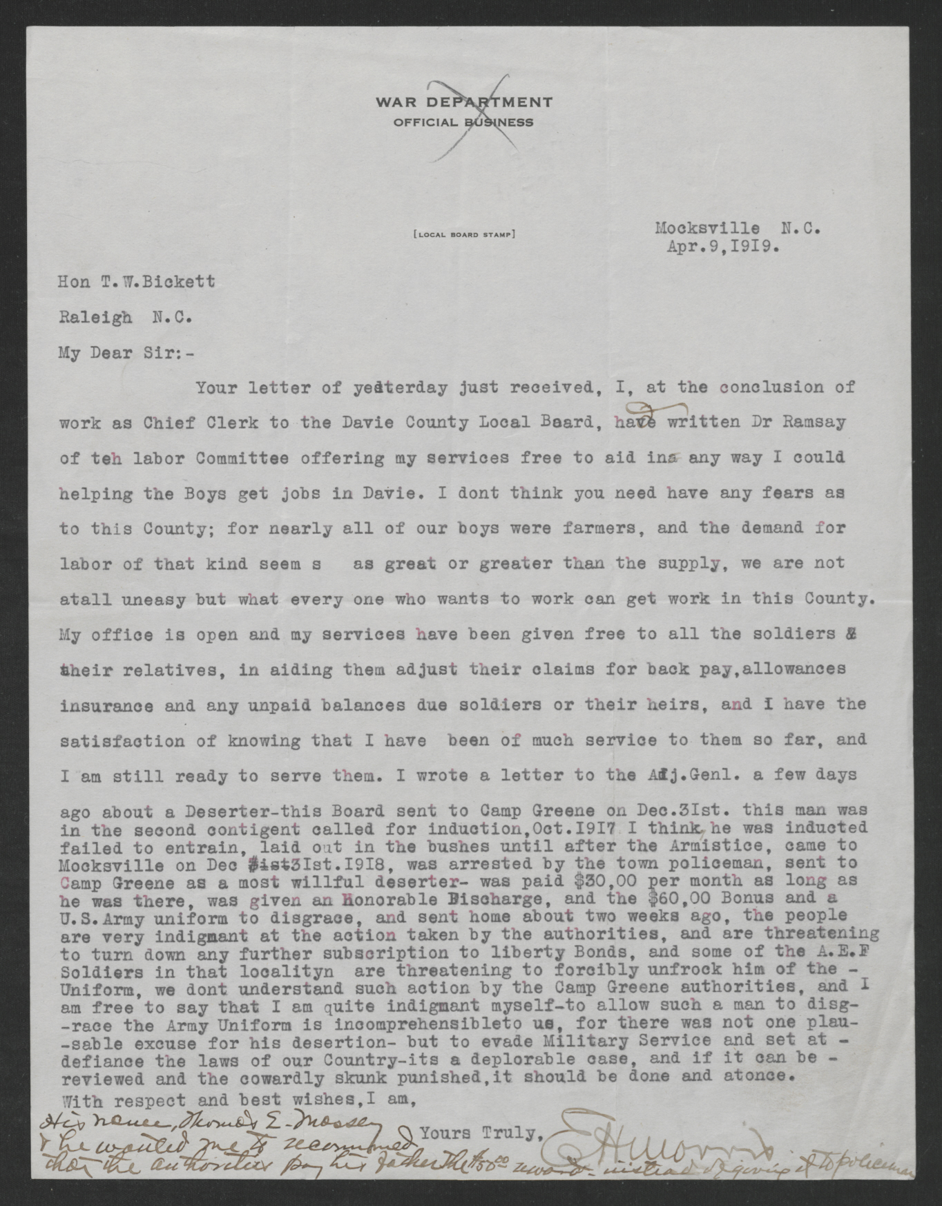 Letter from Edwin H. Morris to Thomas W. Bickett, April 9, 1919