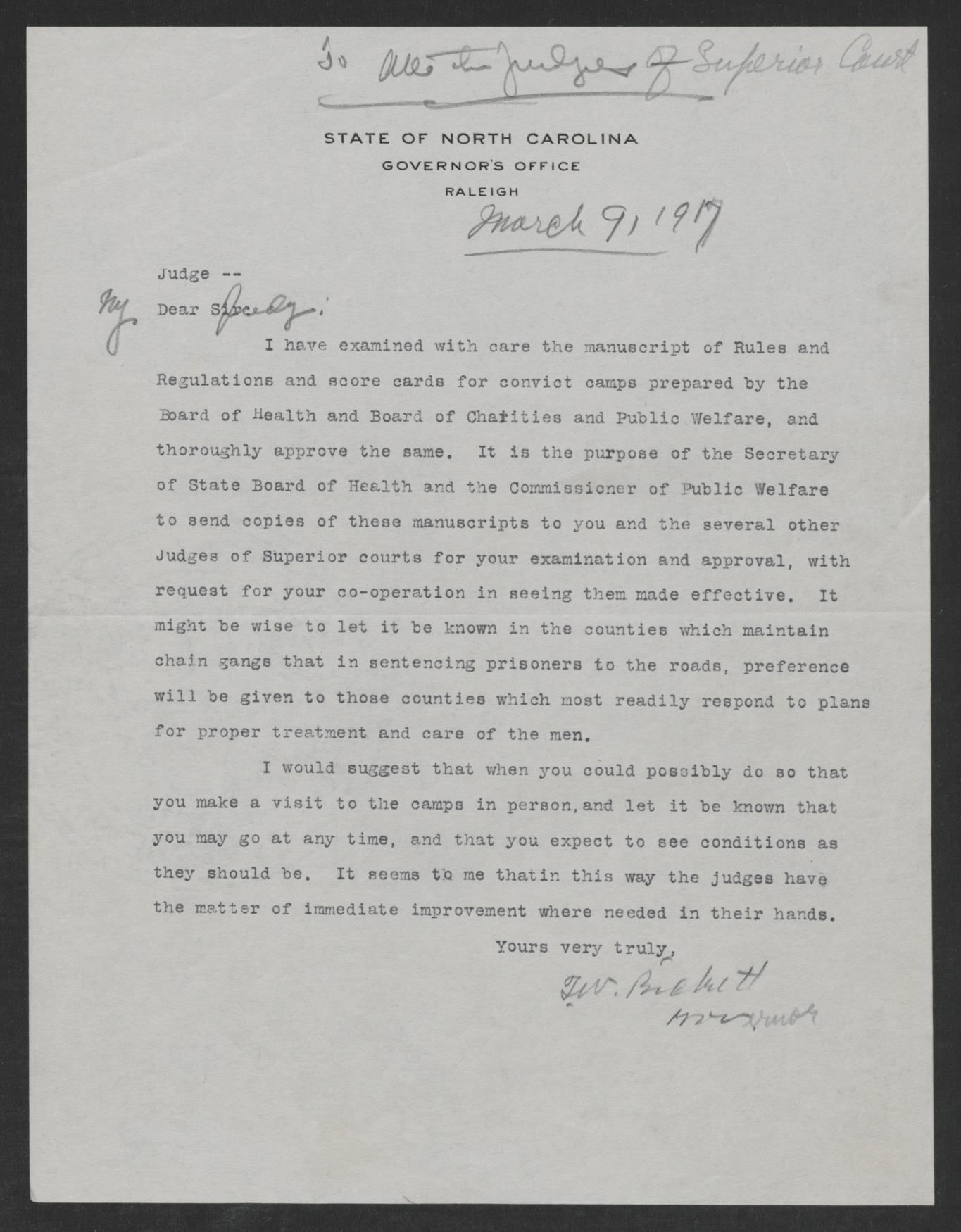 Bickett to Superior Court Judges, March 9, 1917