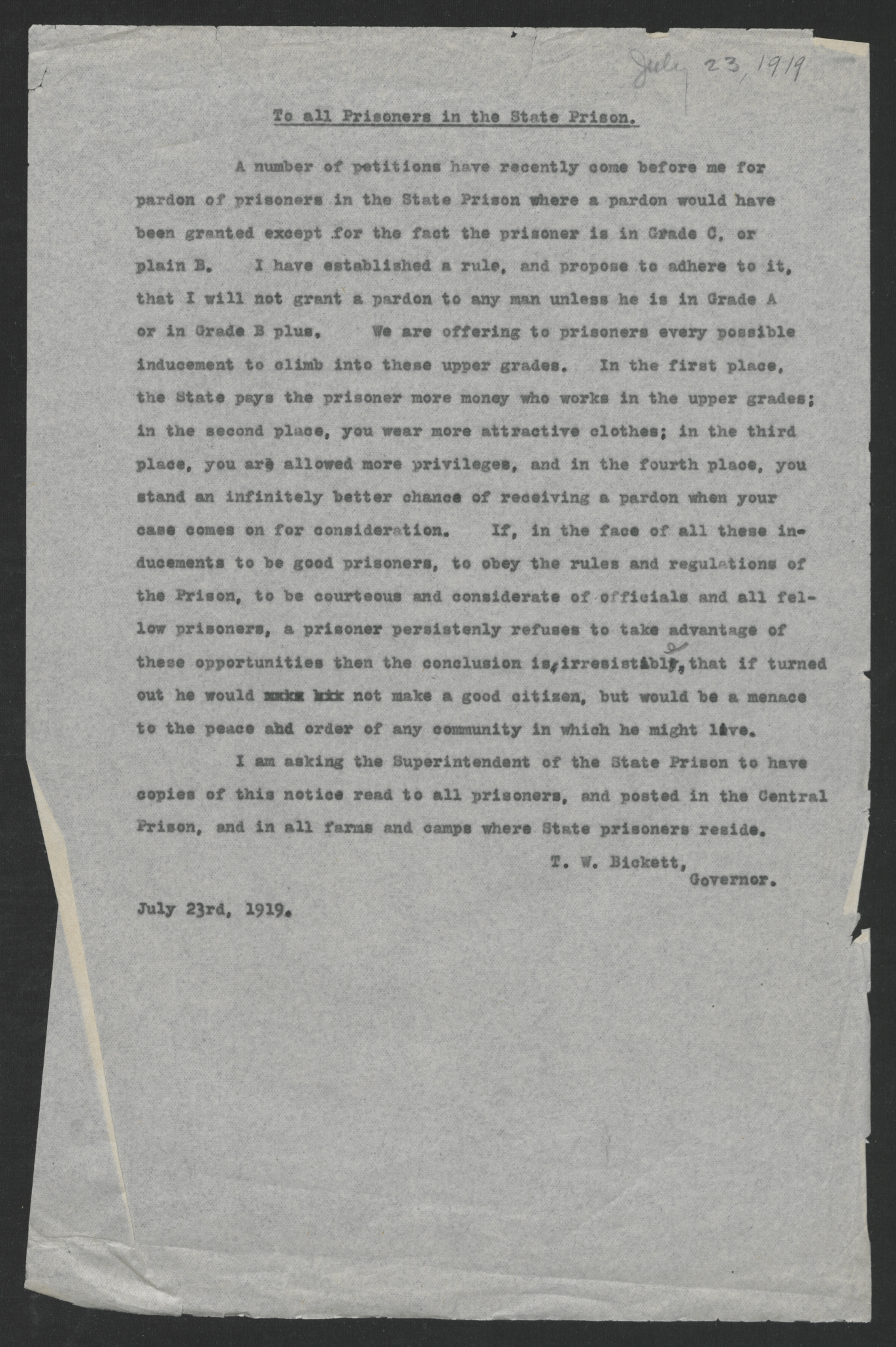 Notice to All Prisoners in the State Prison by Thomas W. Bickett, July 23, 1919