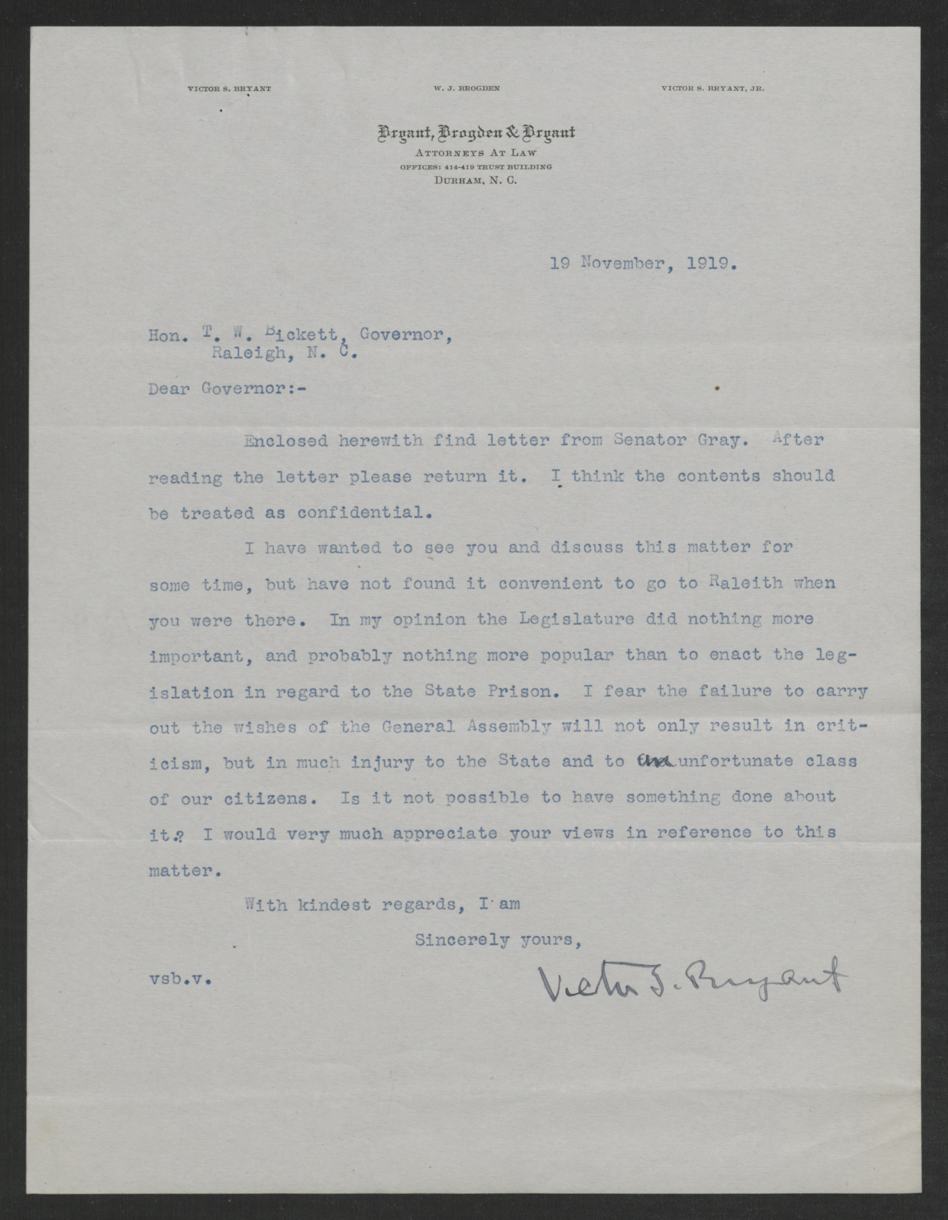 Bryant to Bickett, November 19, 1919