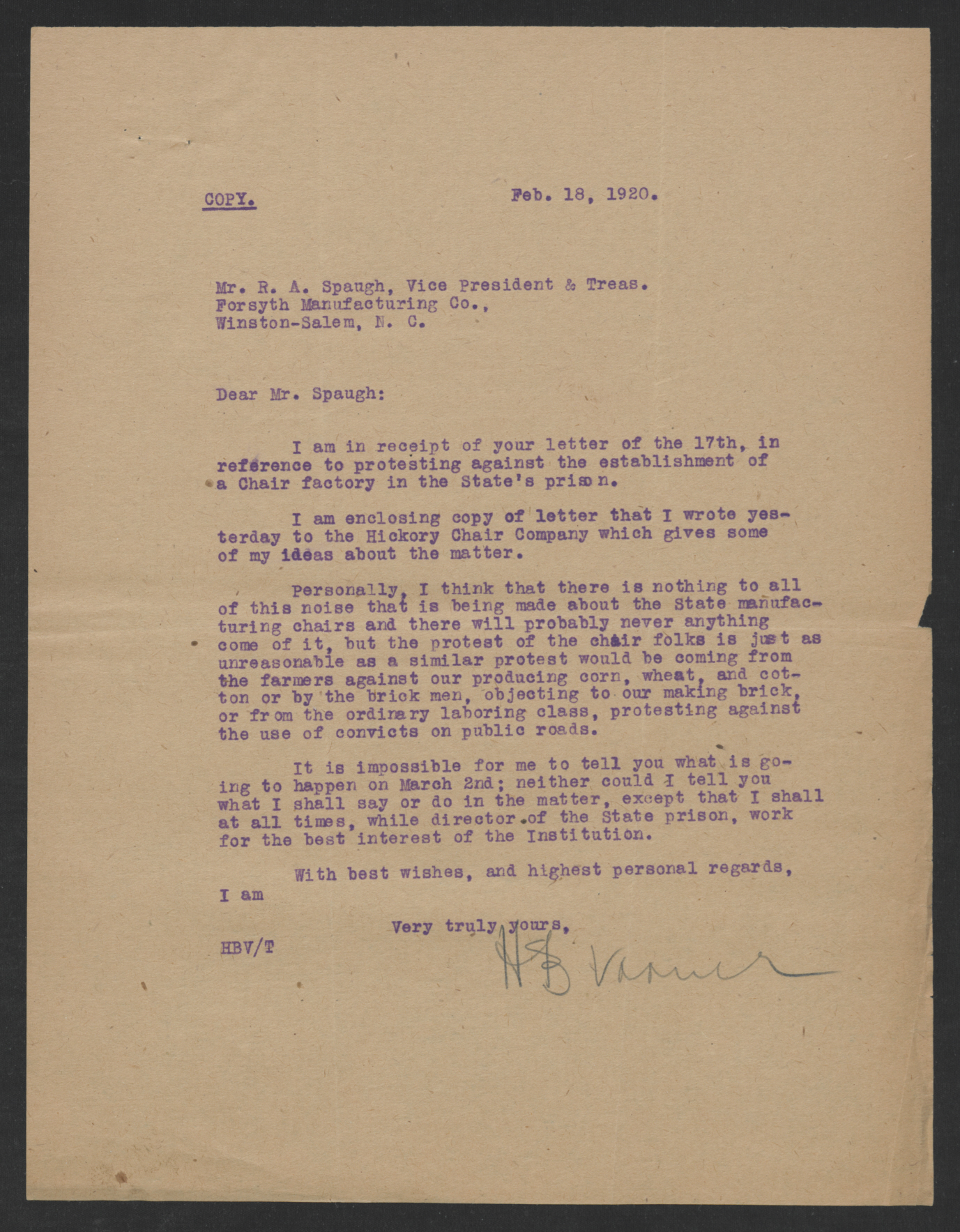 Varner to Spaugh, February 18, 1920