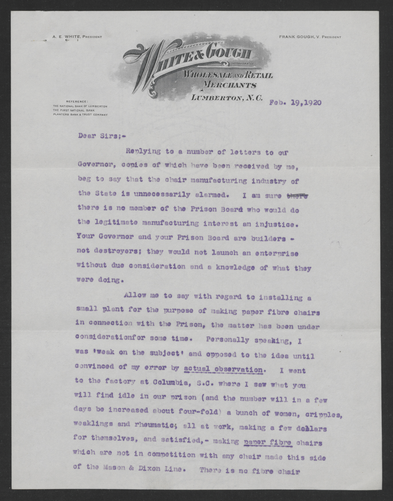 Gough to Representatives of the Furniture Industry, February 19, 1920, page 1