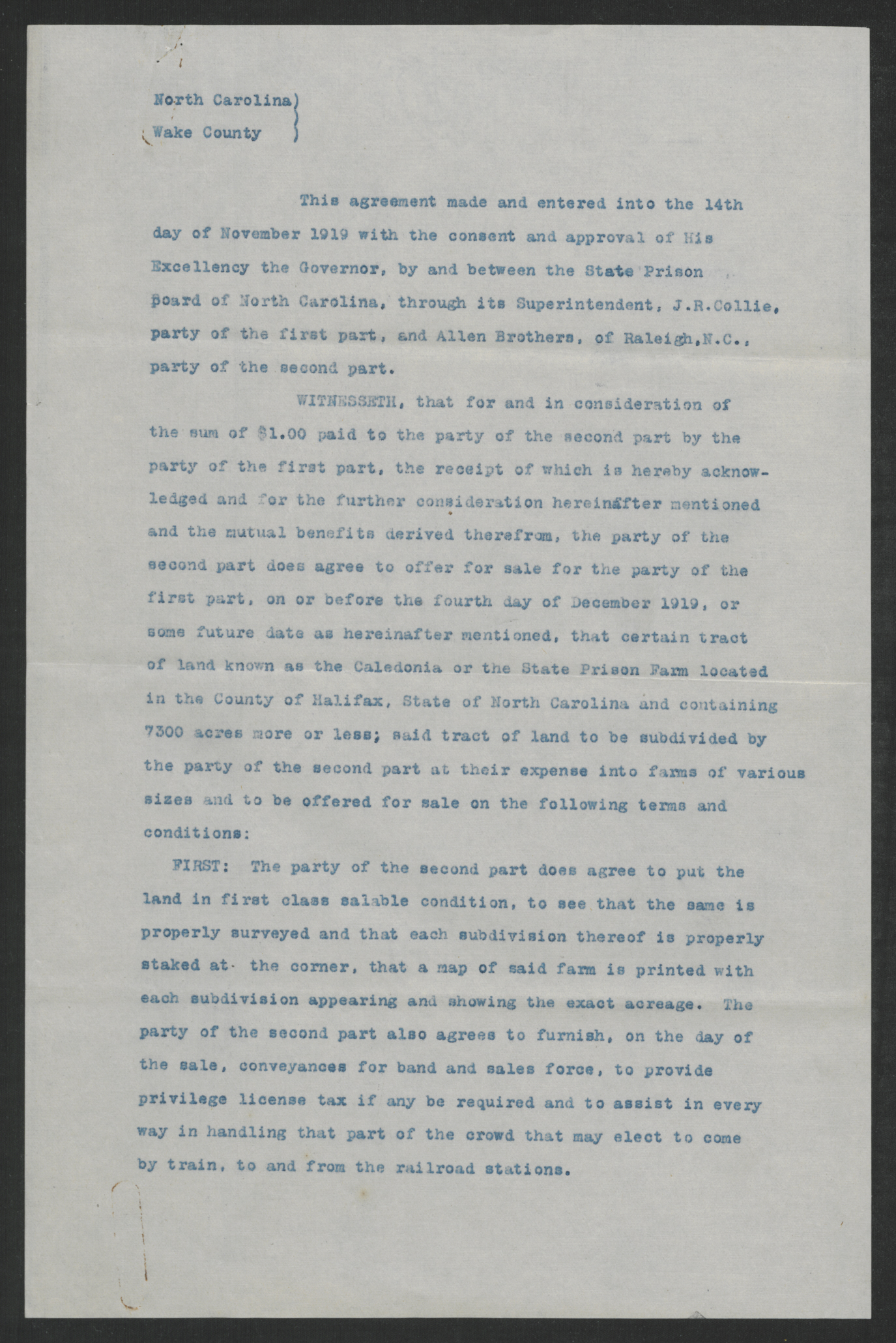 Contract for Sale of State Prison Farm, November 14, 1919, page 1