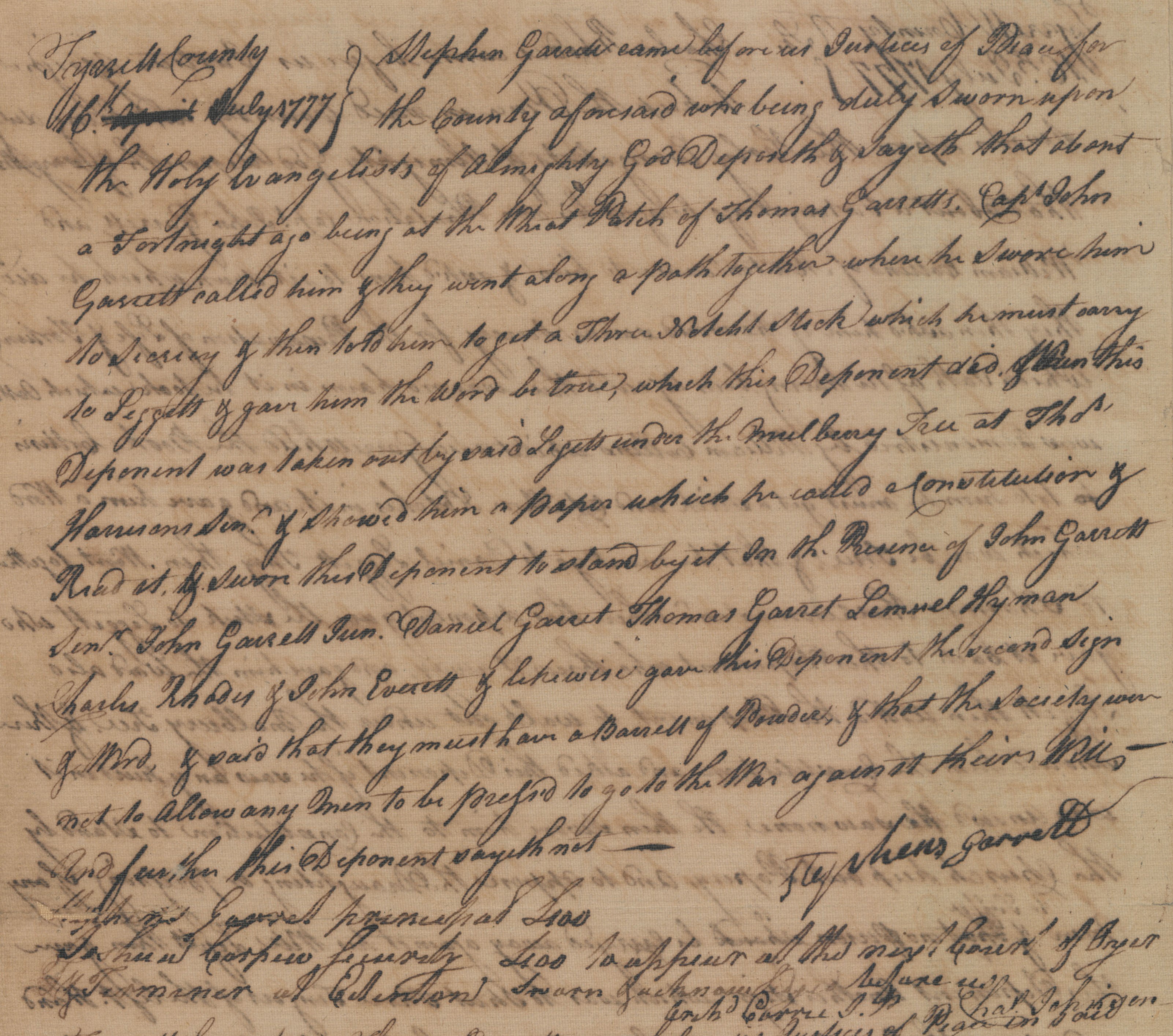 Deposition of Stephen Garrett, 16 July 1777, page 1