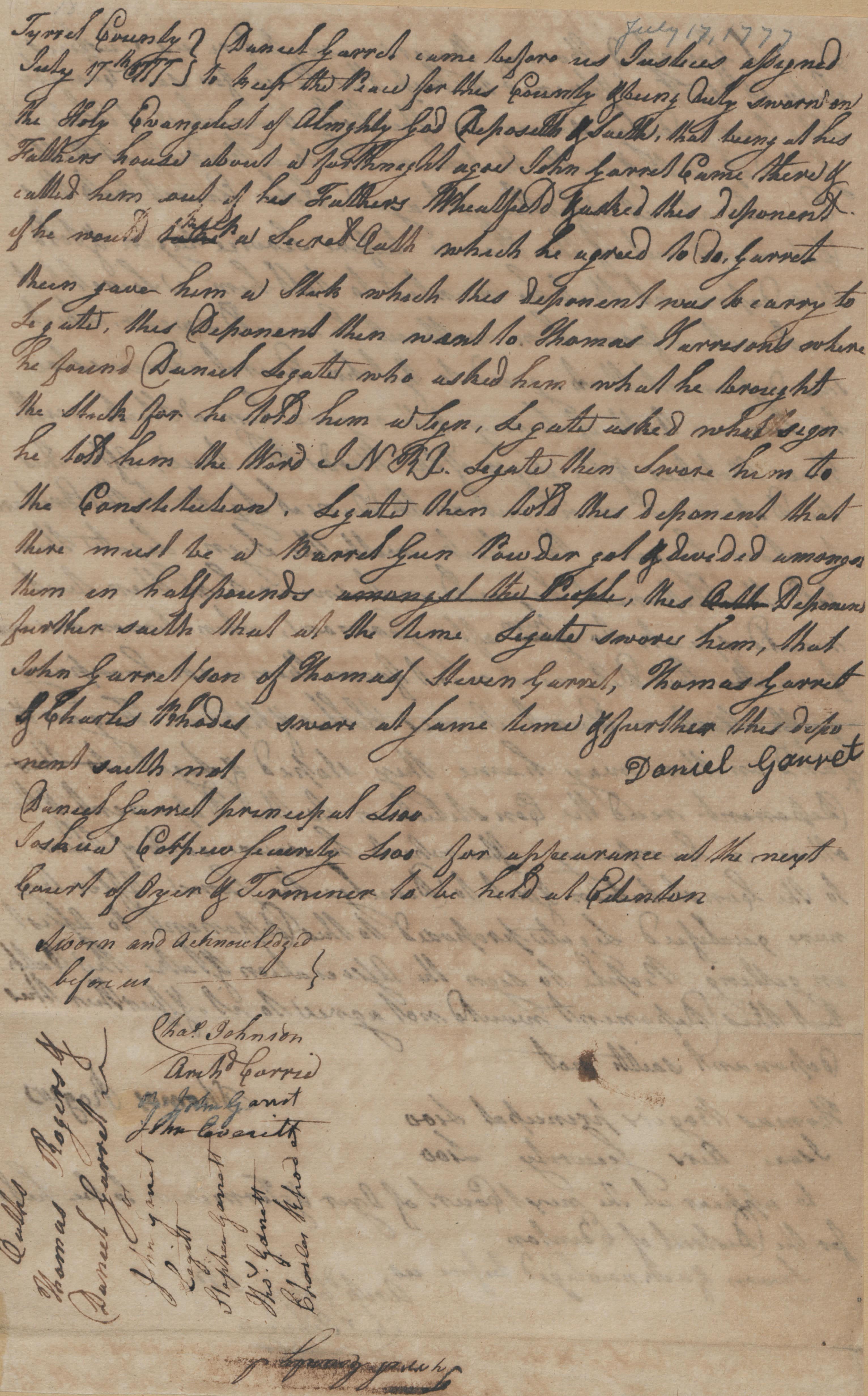 Deposition of Daniel Garret, 17 July 1777
