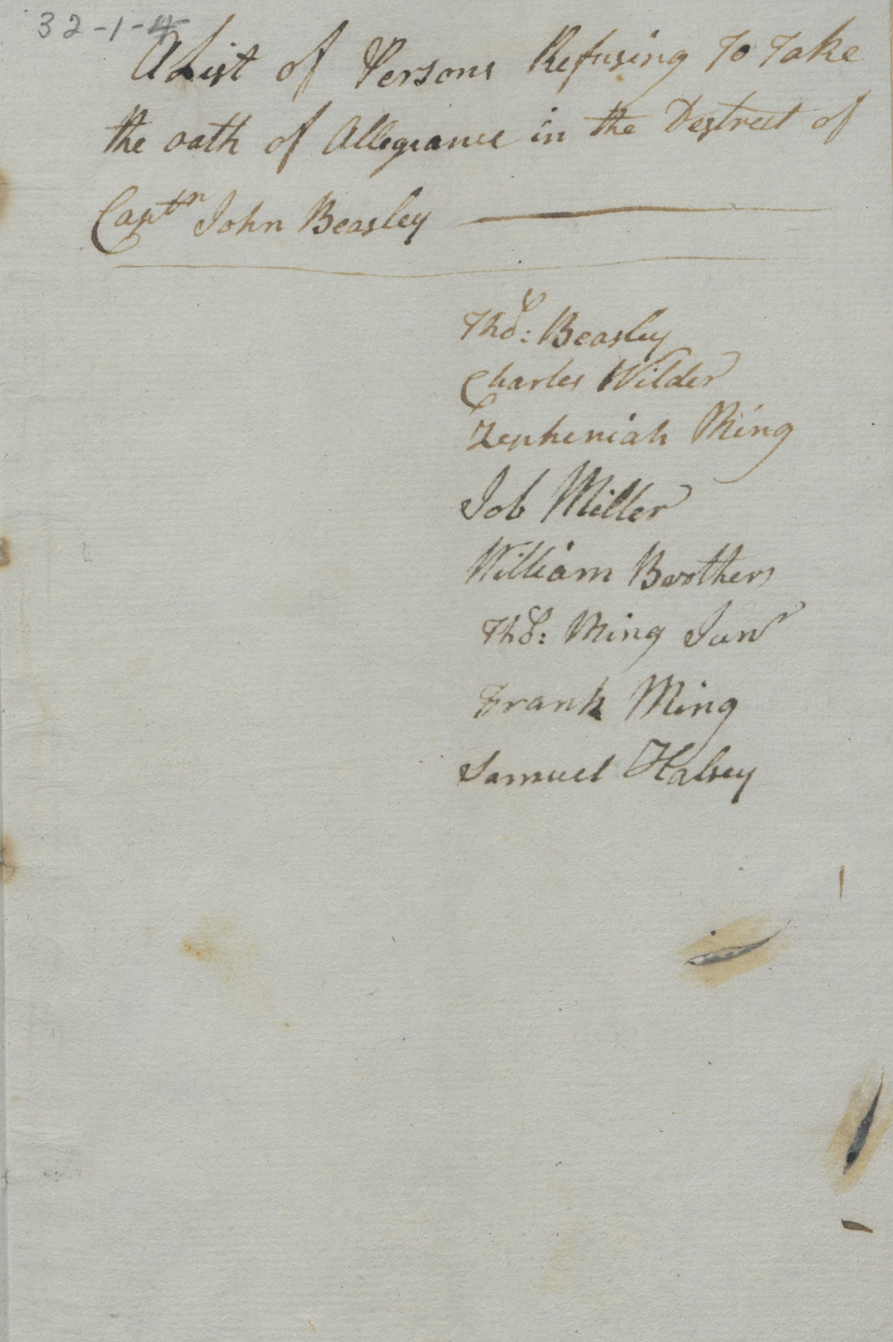 List of People Refusing to take the Oath of Allegiance in Chowan County, circa 2 May 1778, page 1