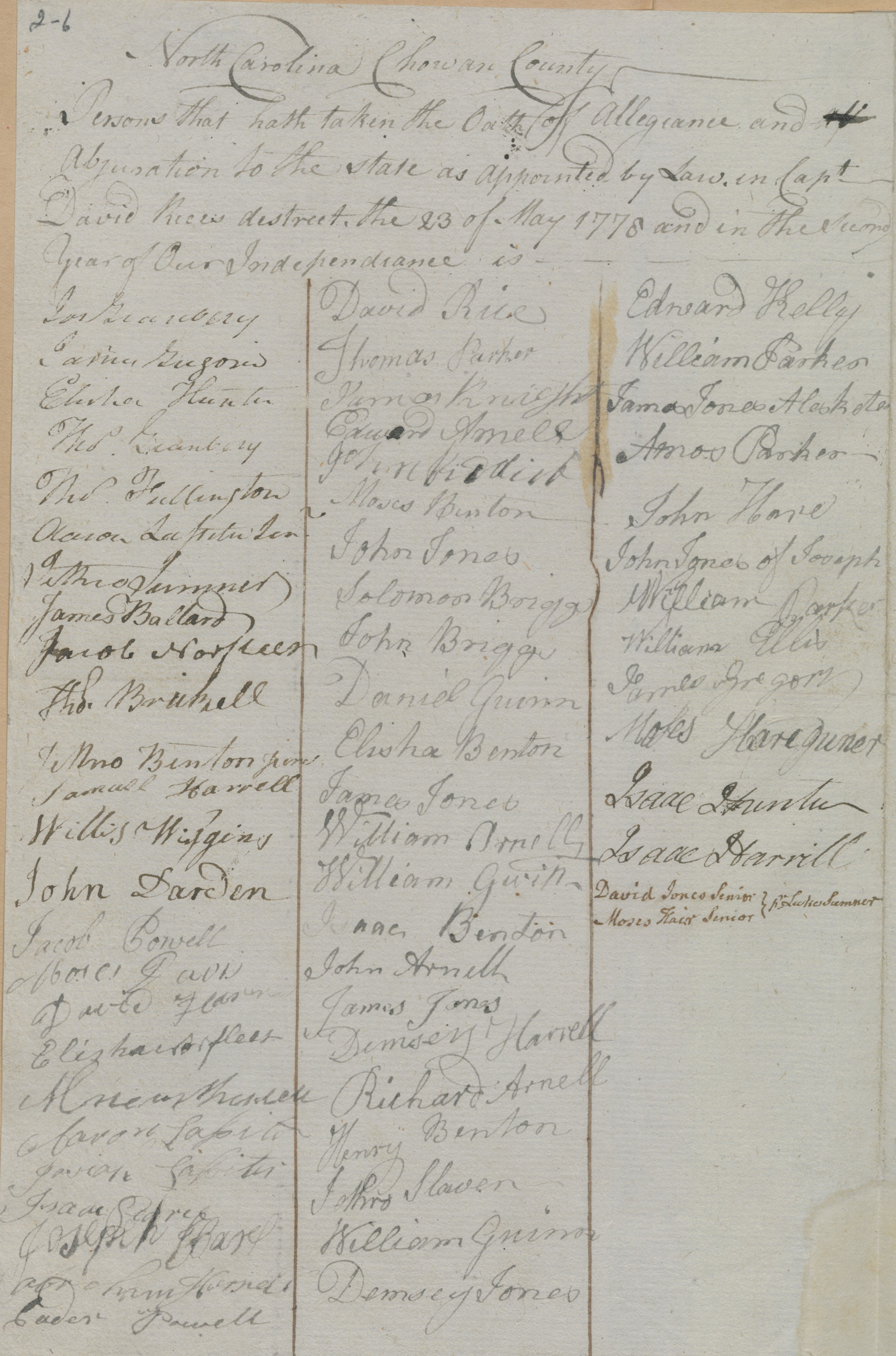List of People Swearing the Oath of Allegiance to the State of North Carolina in Chowan County, 23 May 1778, page 1