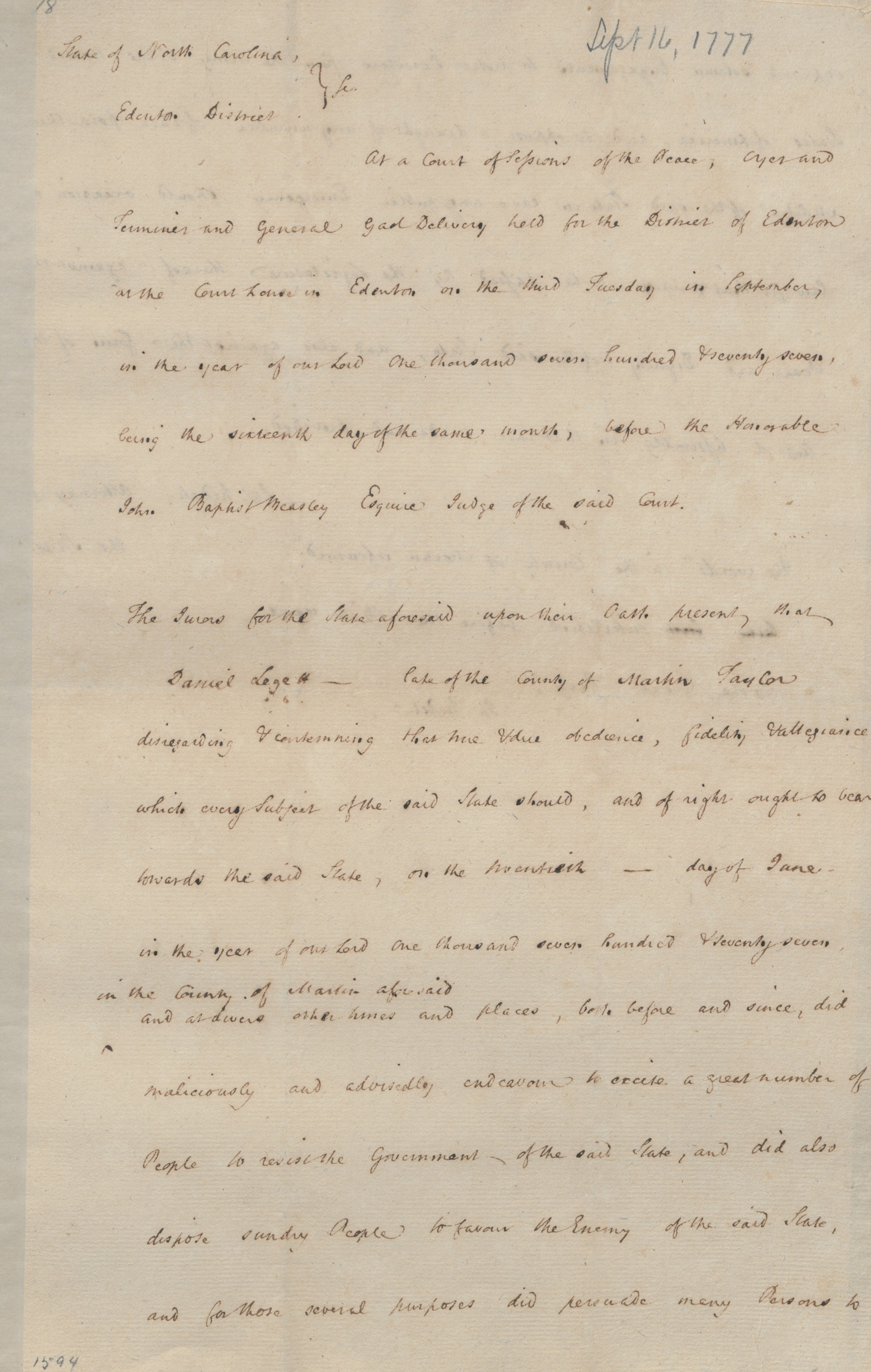 Indictment from the Edenton District Court against Daniel Leggett, 16 September 1777, page 1