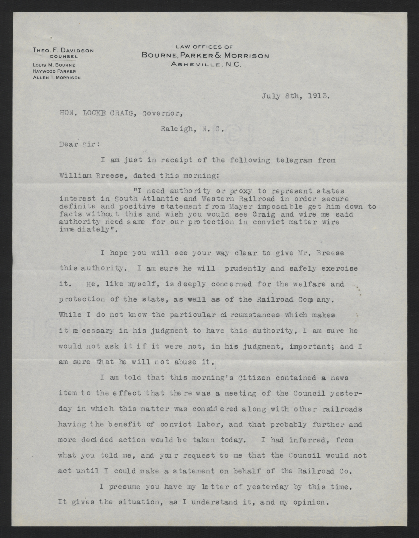 Letter from Davidson to Craig, July 8, 1913, page 1