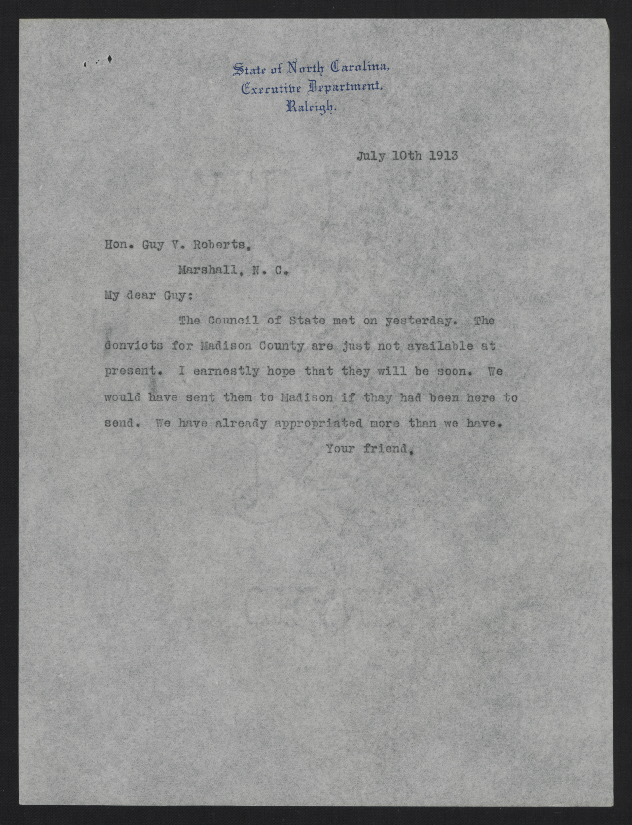 Letter from Craig to Roberts, July 10, 1913