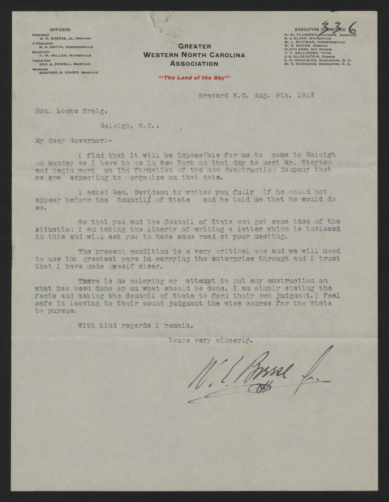 Letter from Breese to Craig, August 9, 1913