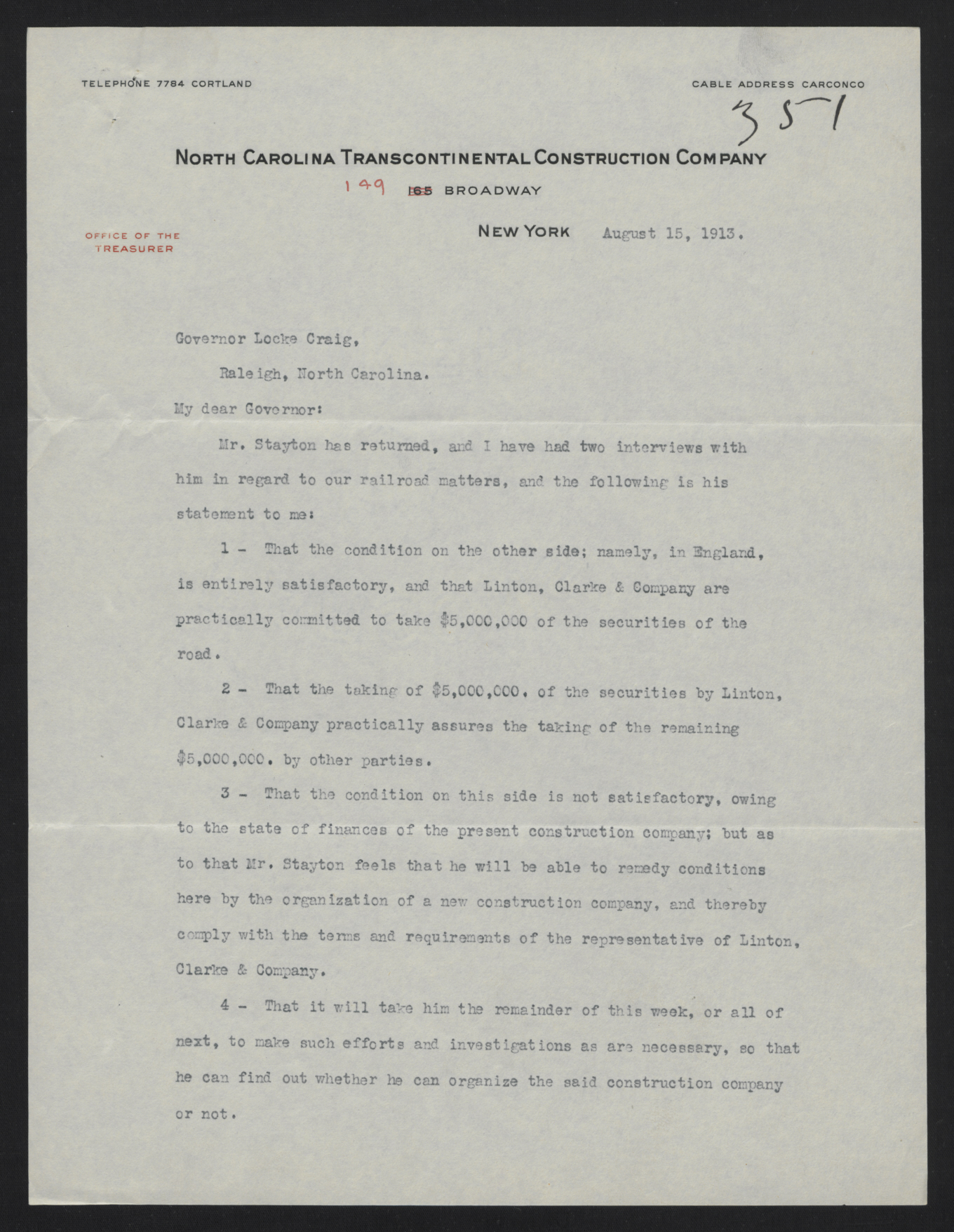 Letter from Breese to Craig, August 15, 1913, page 1