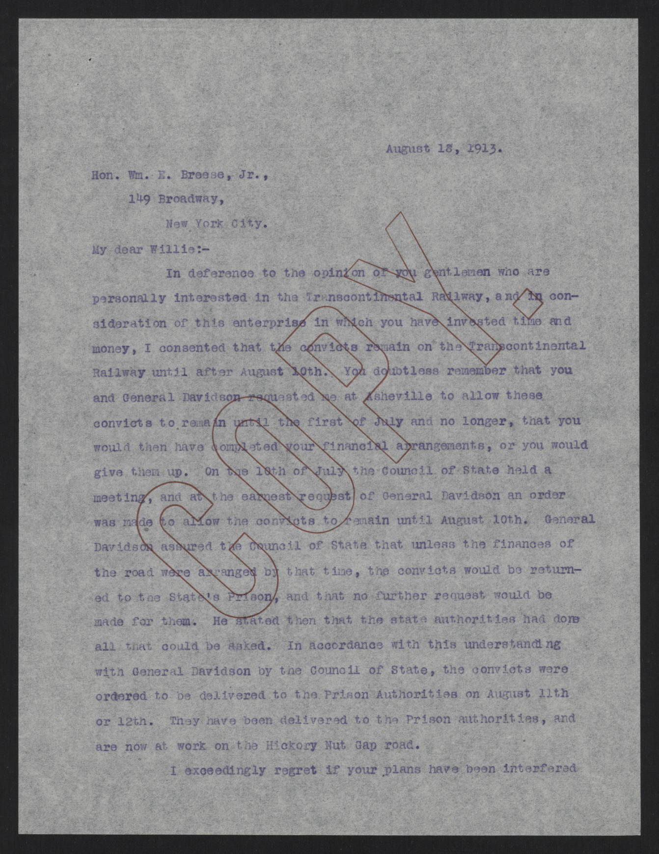 Letter from Craig to Breese, August 18, 1913, page 1