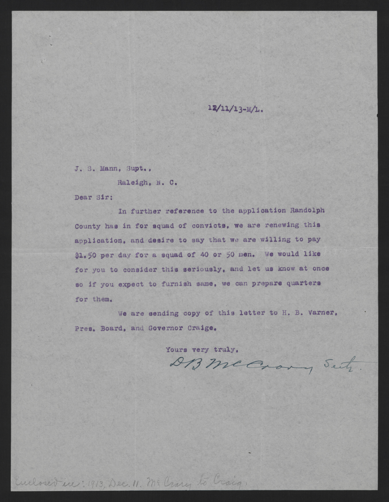 Letter from McCrary to Mann, December 11, 1913