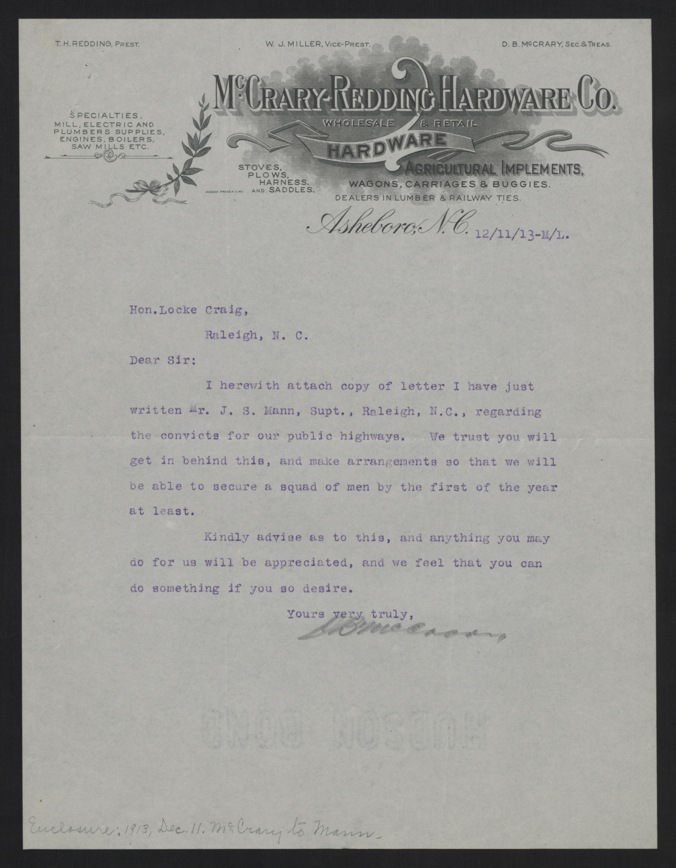 Letter from McCrary to Craig, December 11, 1913