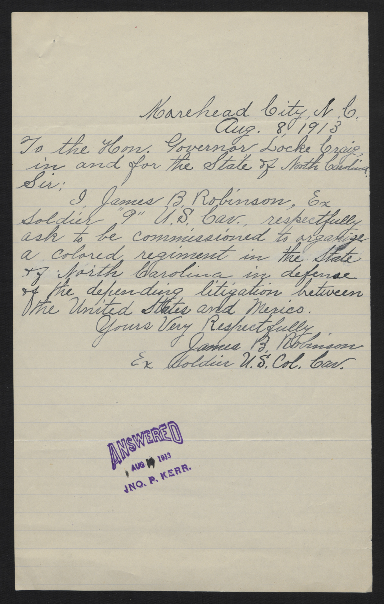 Letter from Robinson to Craig, August 8, 1913