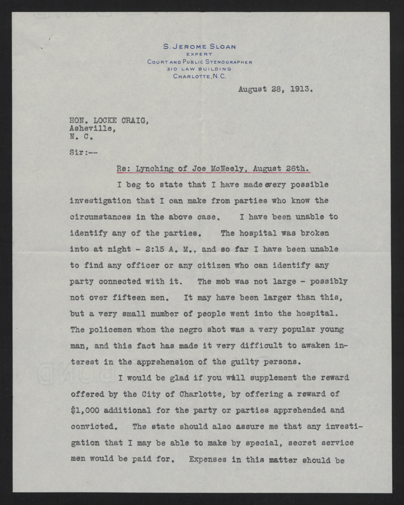 Letter from Wilson to Craig, August 28, 1913, page 1