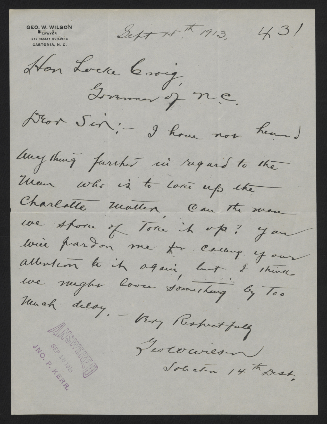 Letter from Wilson to Craig, September 15, 1913