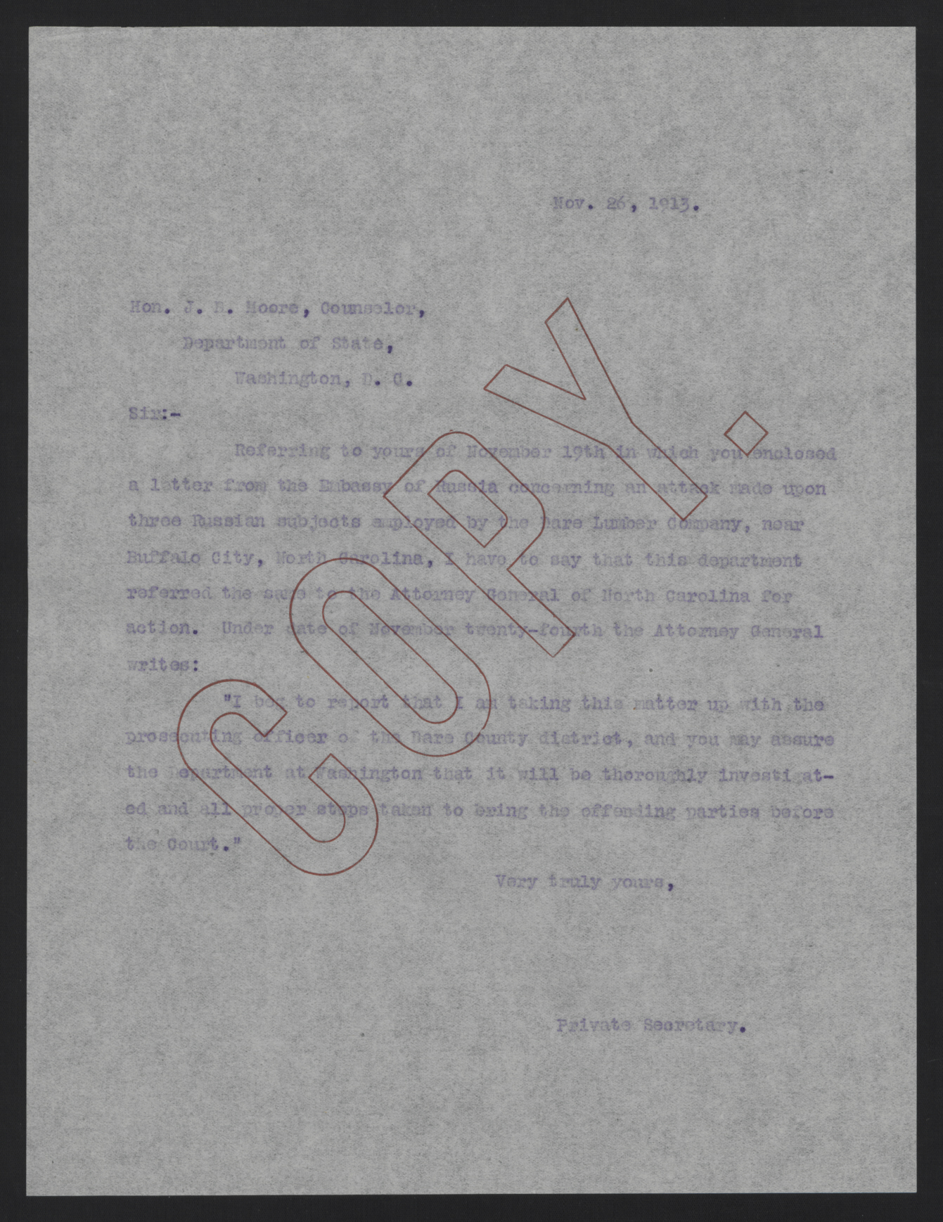 Letter from Kerr to Moore, November 26, 1913