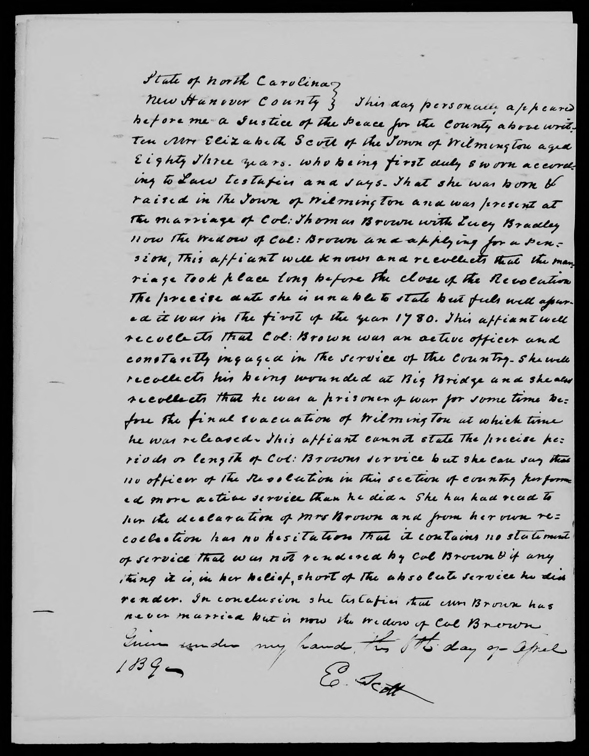 Affidavit of Elizabeth Scott in support of a Pension Claim for Lucy Brown, 6 April 1839, page 1