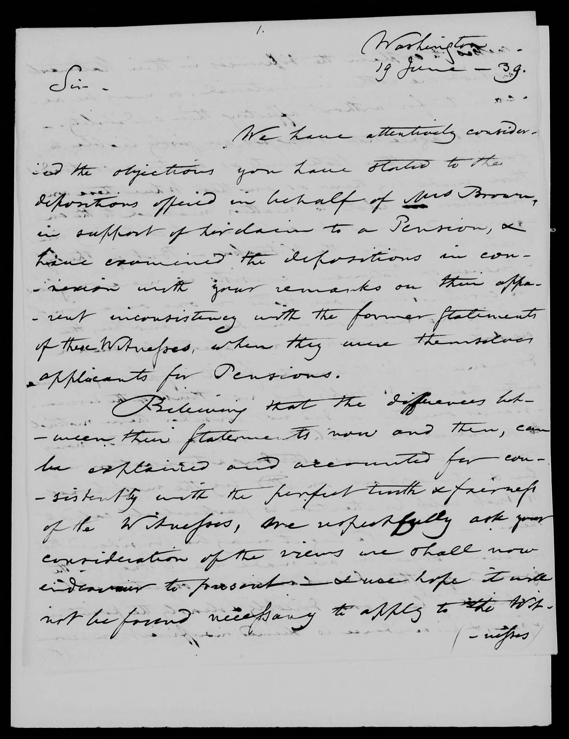 Letter from R. H. Mosby and Lucy Brown to the United States Pension Office, 19 June 1839, page 1