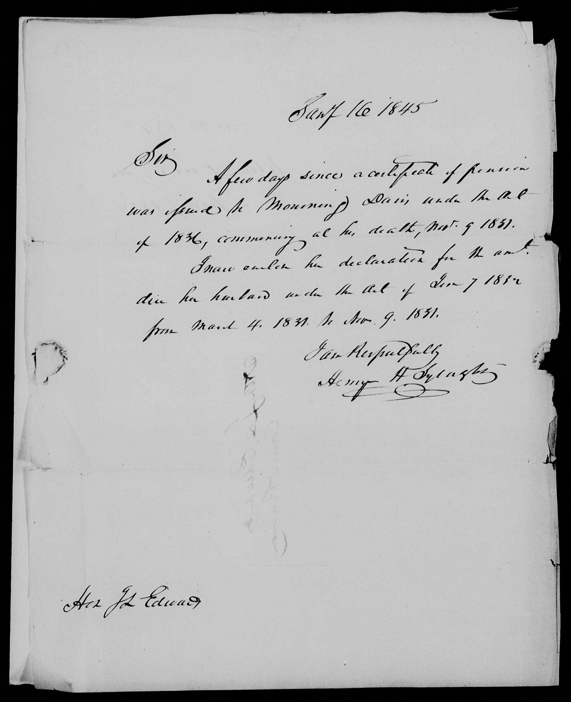 Letter from Henry H. Sylvester to J. L. Edwards, 16 January 1845, page 1